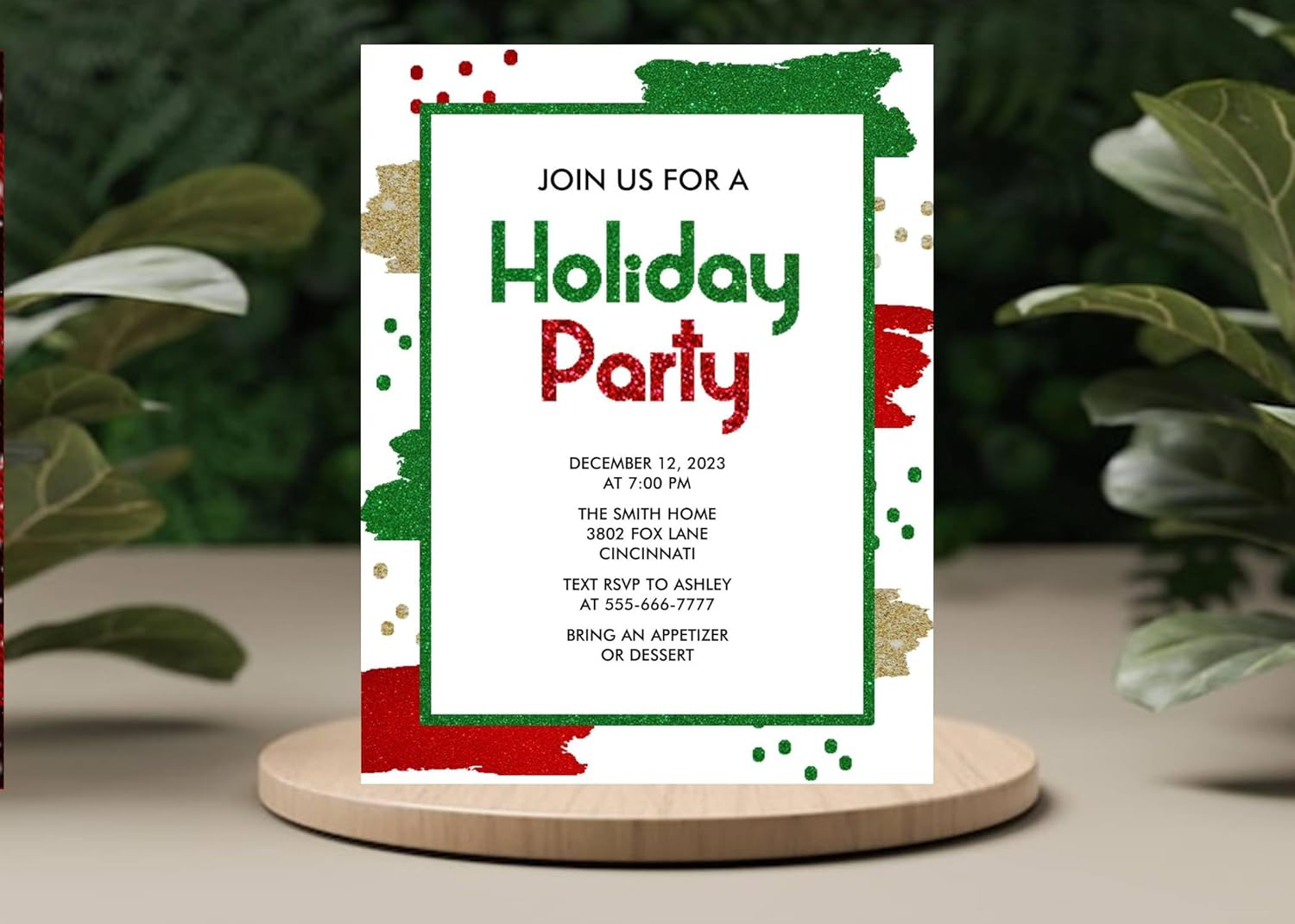 Personalized Christmas Party Invitation Glitter Paint Splatters