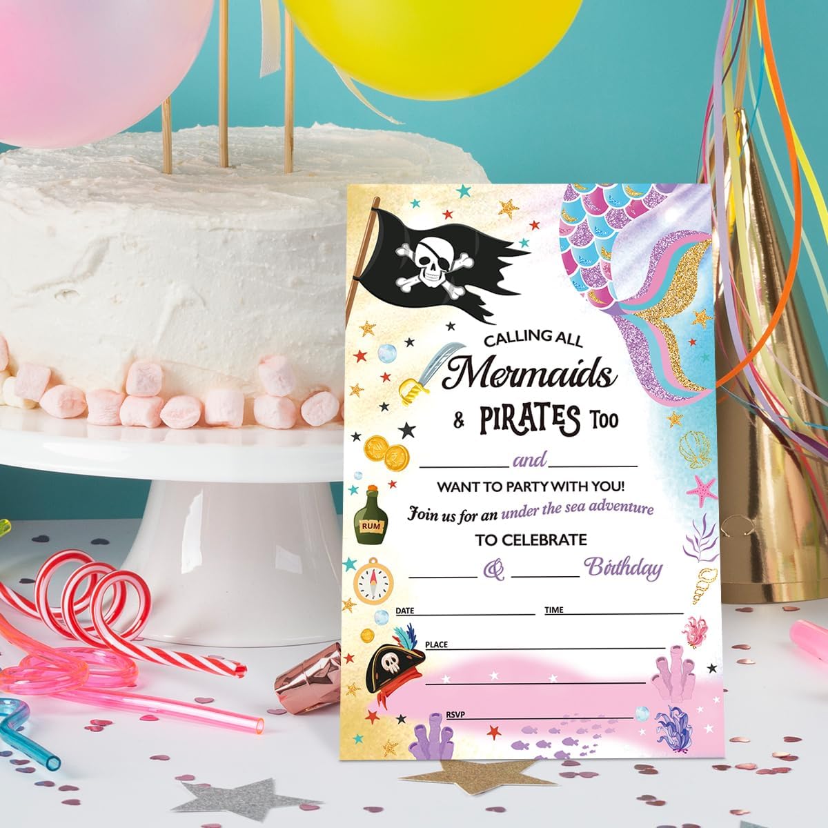 Mermaid and Pirate Birthday Invitations Set of 20 4x6 with Envelopes