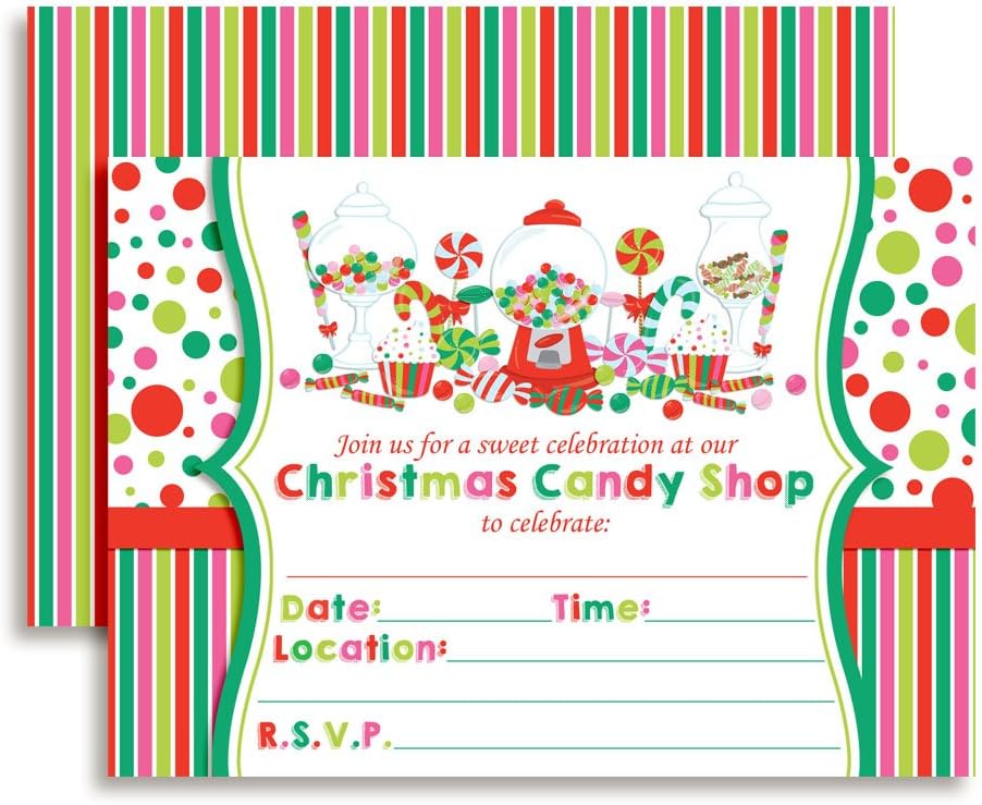 Christmas Sweet Shoppe Birthday Party Invitations with Envelopes