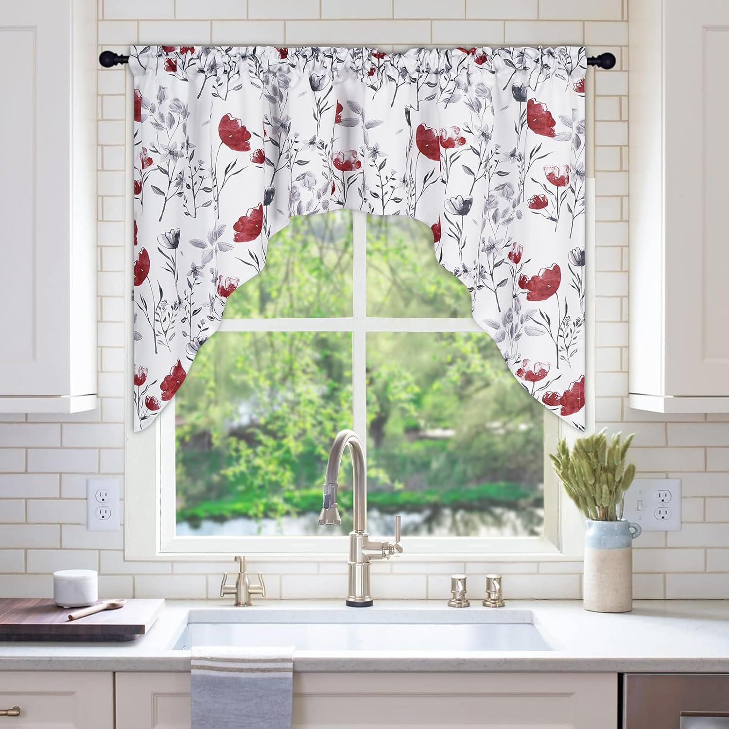 Likiyol Floral Swag Curtains Red Gray for Kitchen Bedroom Drapes
