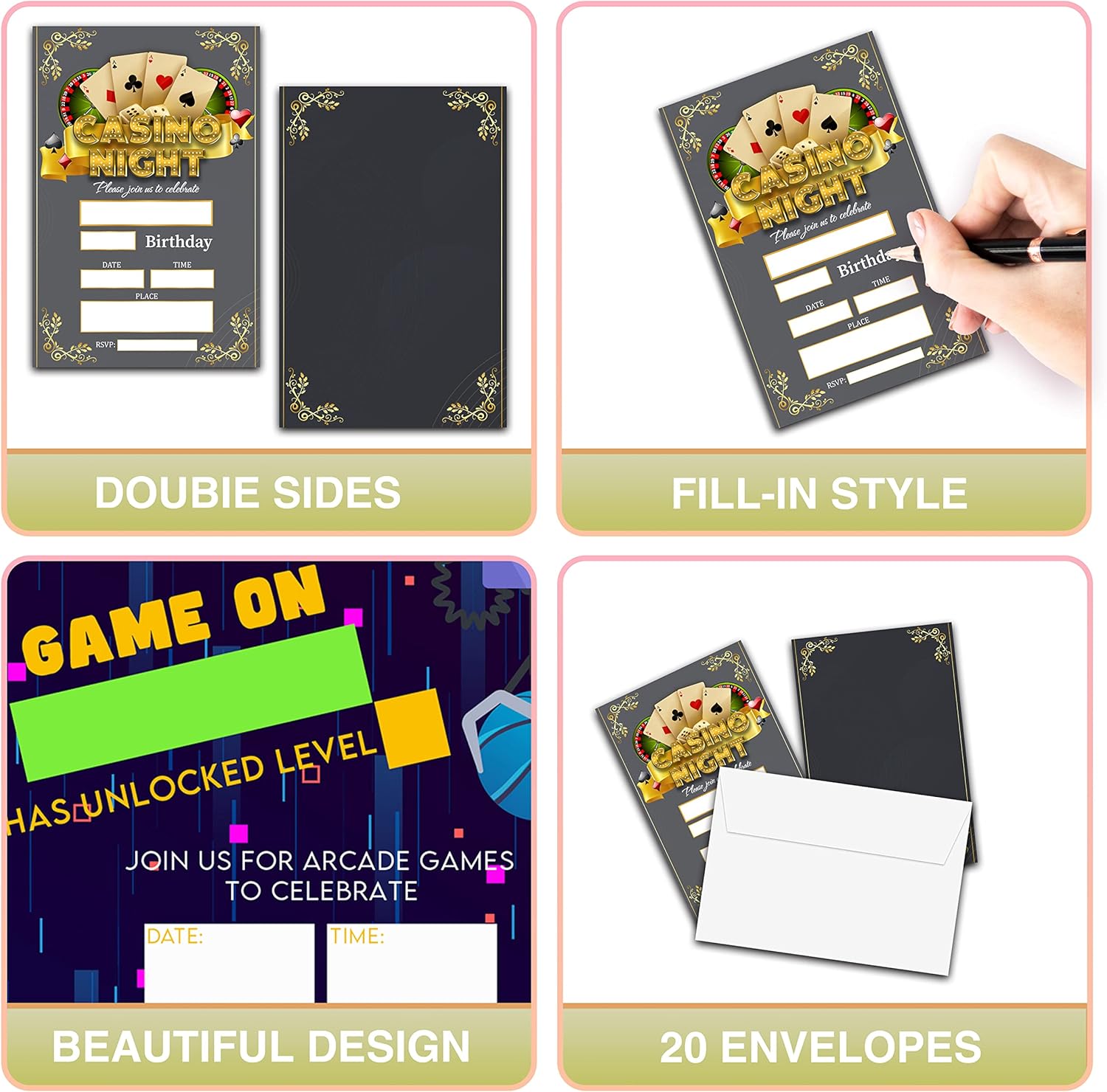 Casino Birthday Invitations with Envelopes 20 Pack