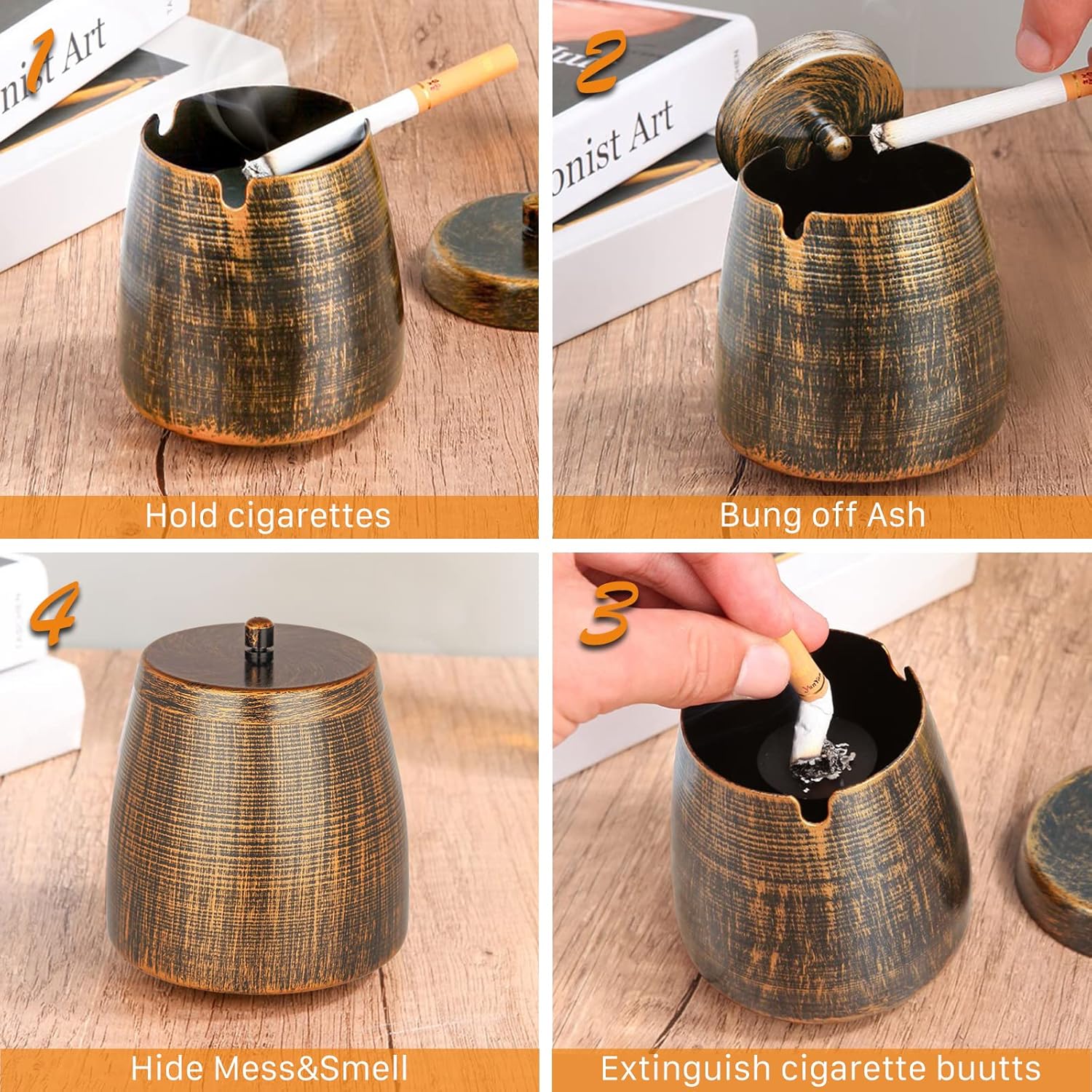 Small Retro Copper Ashtray with Lid for Outdoor Use