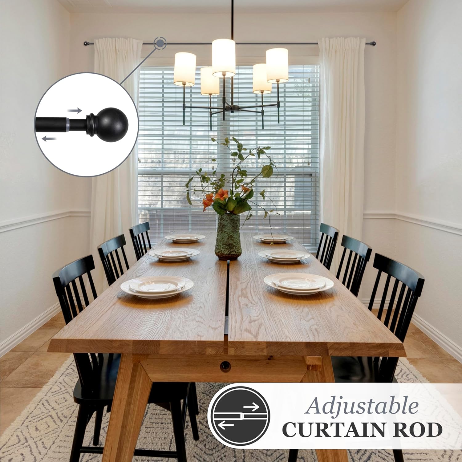 Kenney Chelsea Ball End Window Curtain Rod Black 48-86 Inch Adjustable