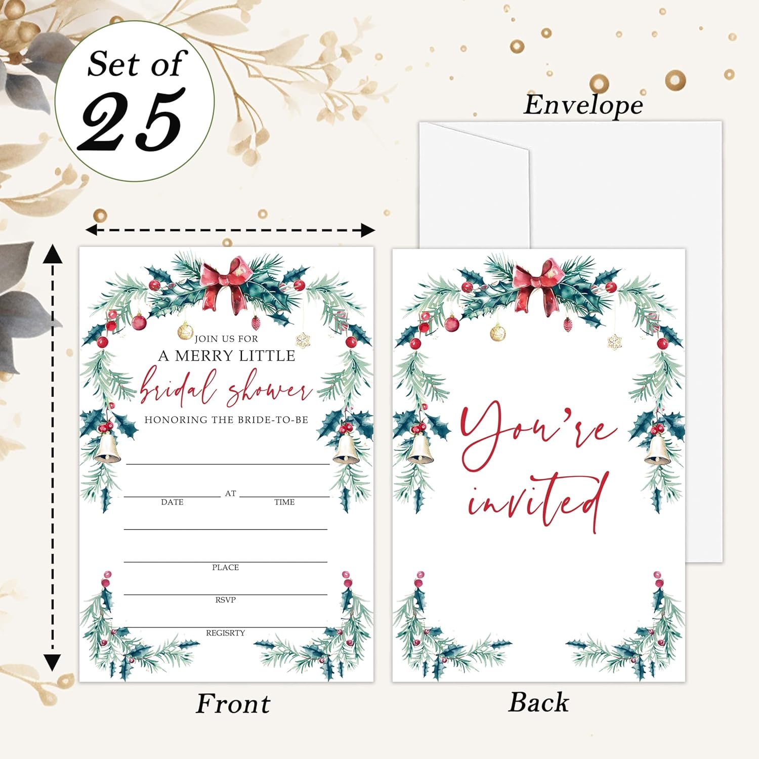 OXRUN Bridal Shower Invites 25 Winter Holiday Cards with Envelopes