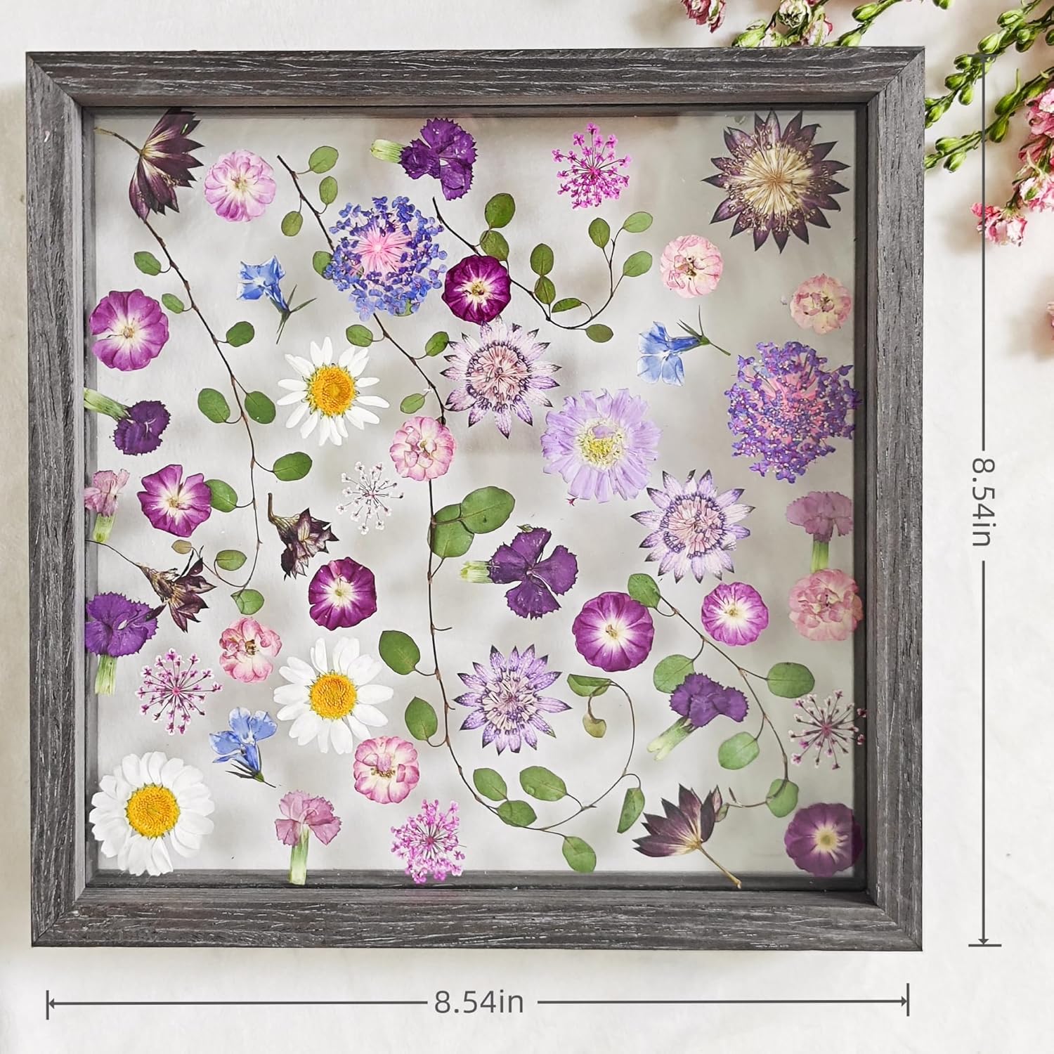 Pressed Flower Frame 85x85 Inch Handcrafted Wooden Double Glass with Real Wildflowers Purple