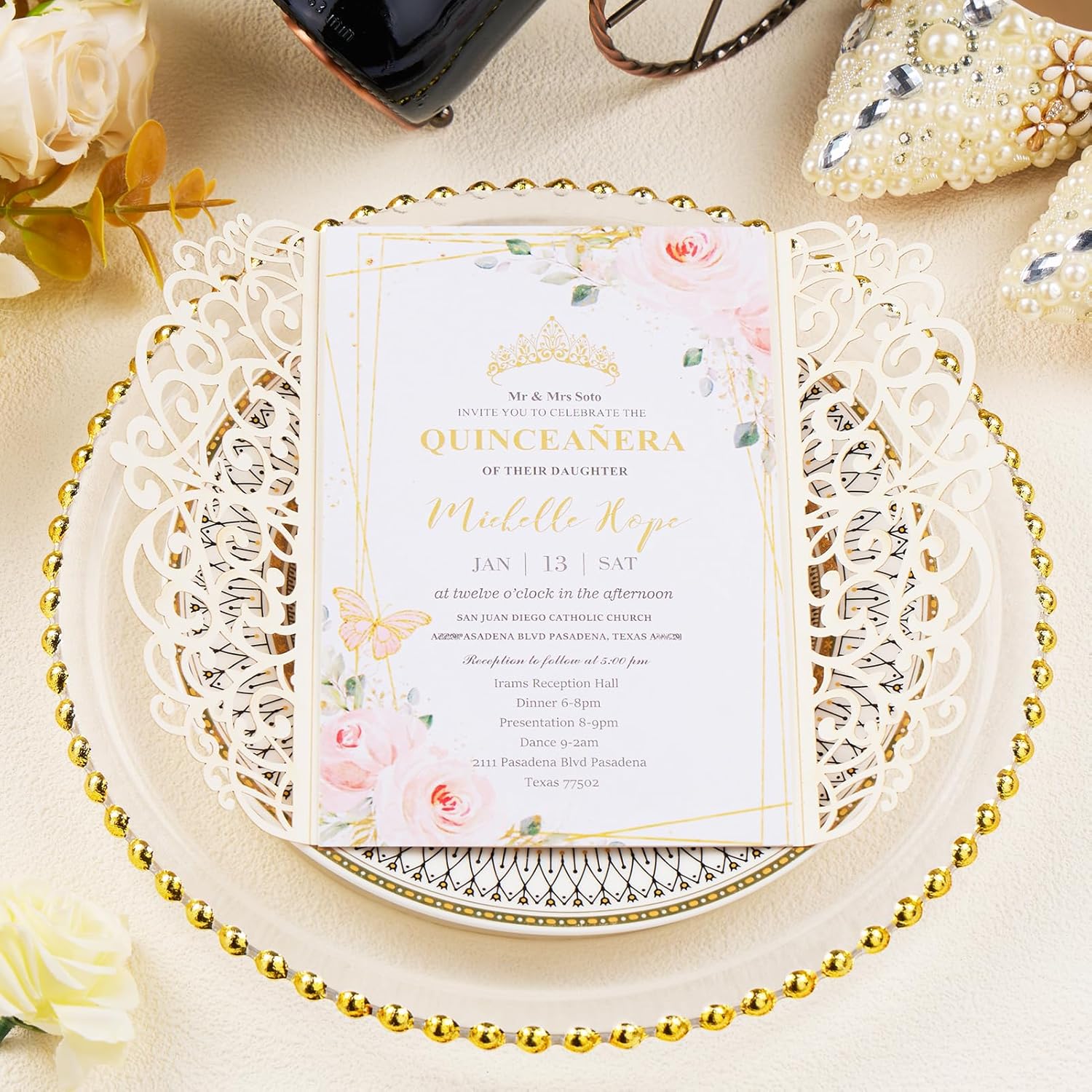 25pcs Pink Glitter Laser Cut Wedding Invitation Kit with Envelopes and RSVP Cards