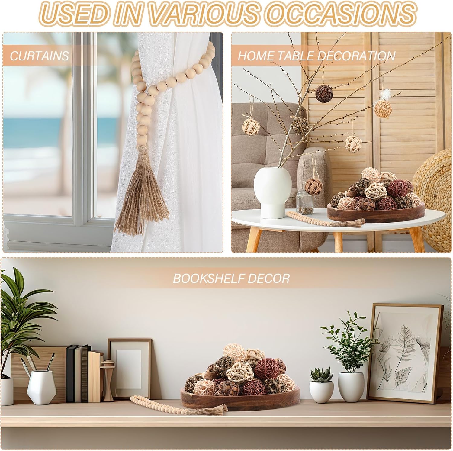 31 Pcs Wicker Rattan Decorative Balls with Wood Bead Garland