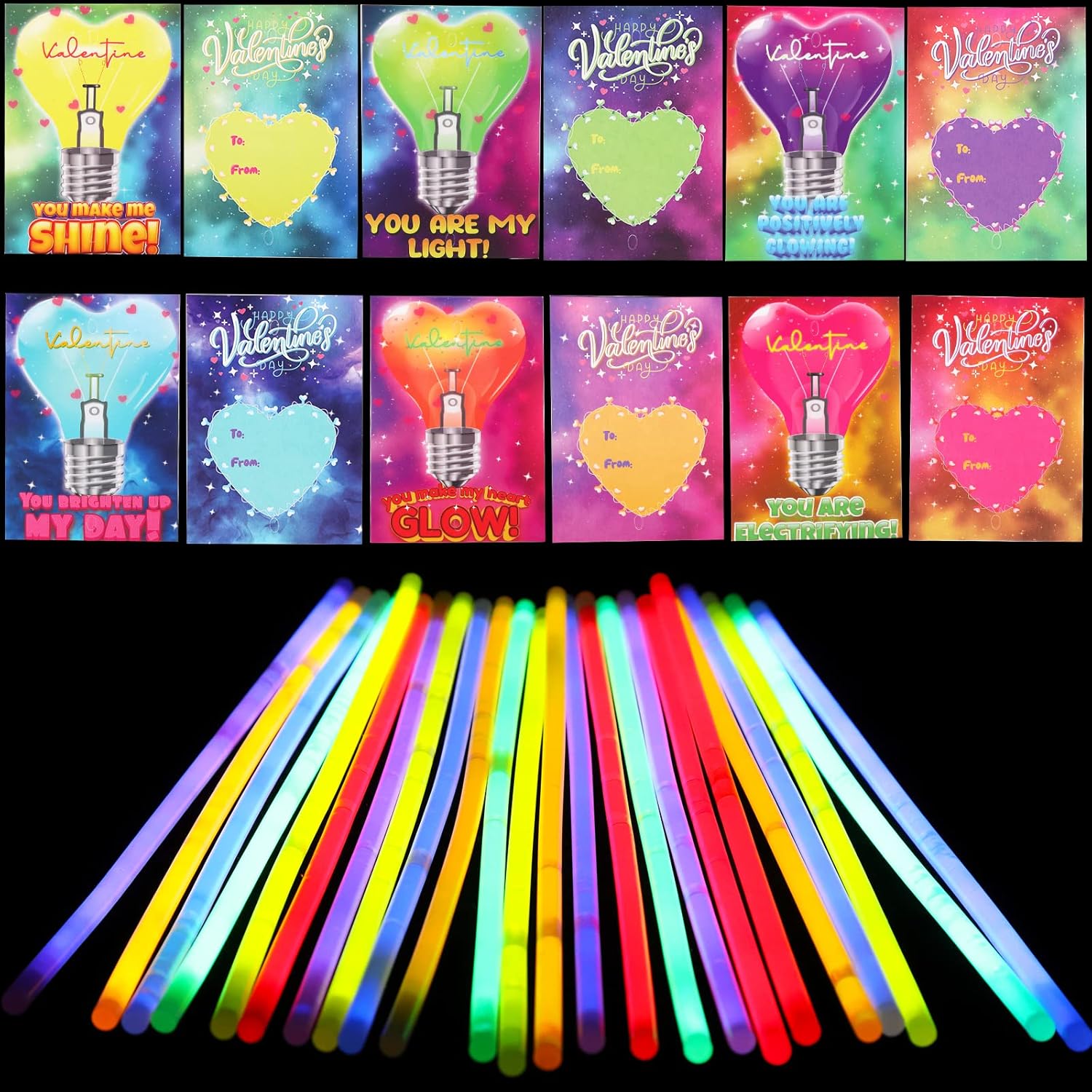 32 Pack Neon Valentines Day Gift Cards with Glow Sticks