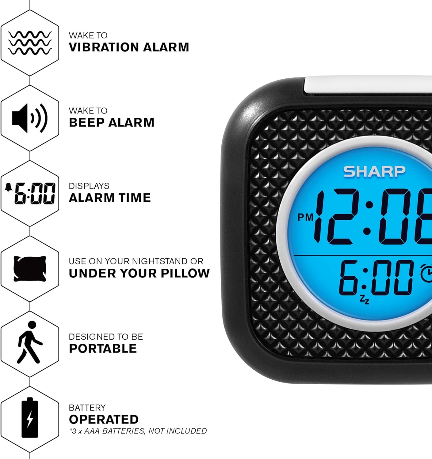 Sharp Pillow Personal Alarm Clock Vibration or Beep Alarm Black