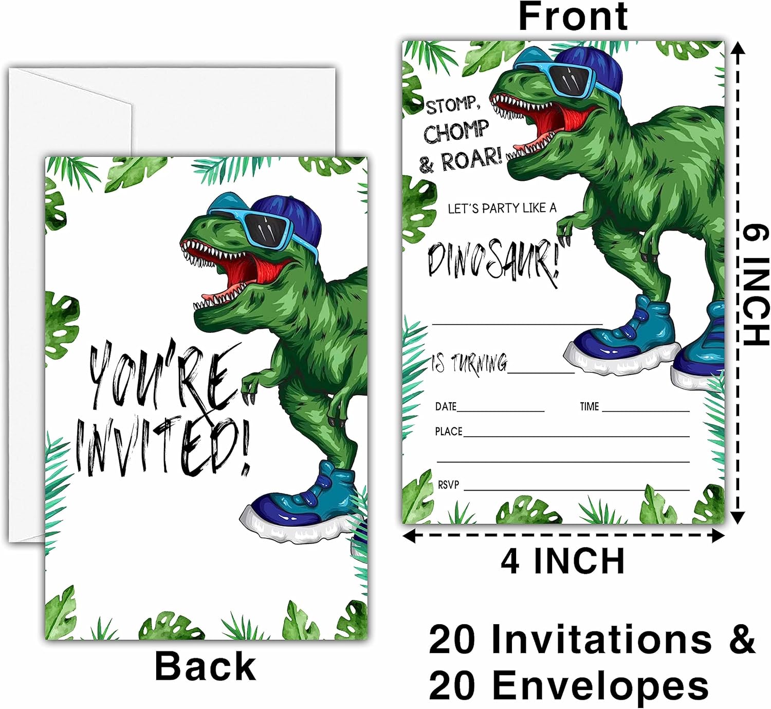 Dinosaur Birthday Invitations with Envelopes 20 Pack T-Rex Style Party Cards