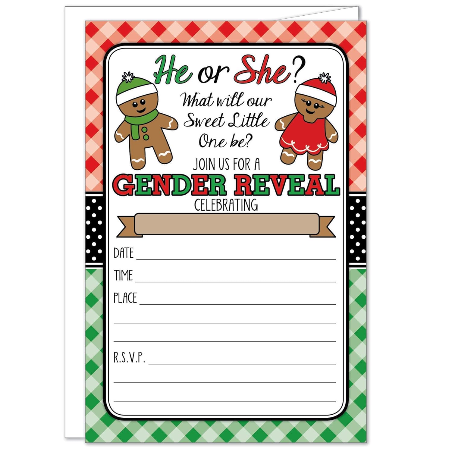 20 Christmas Gingerbread Gender Reveal Invitations with Envelopes