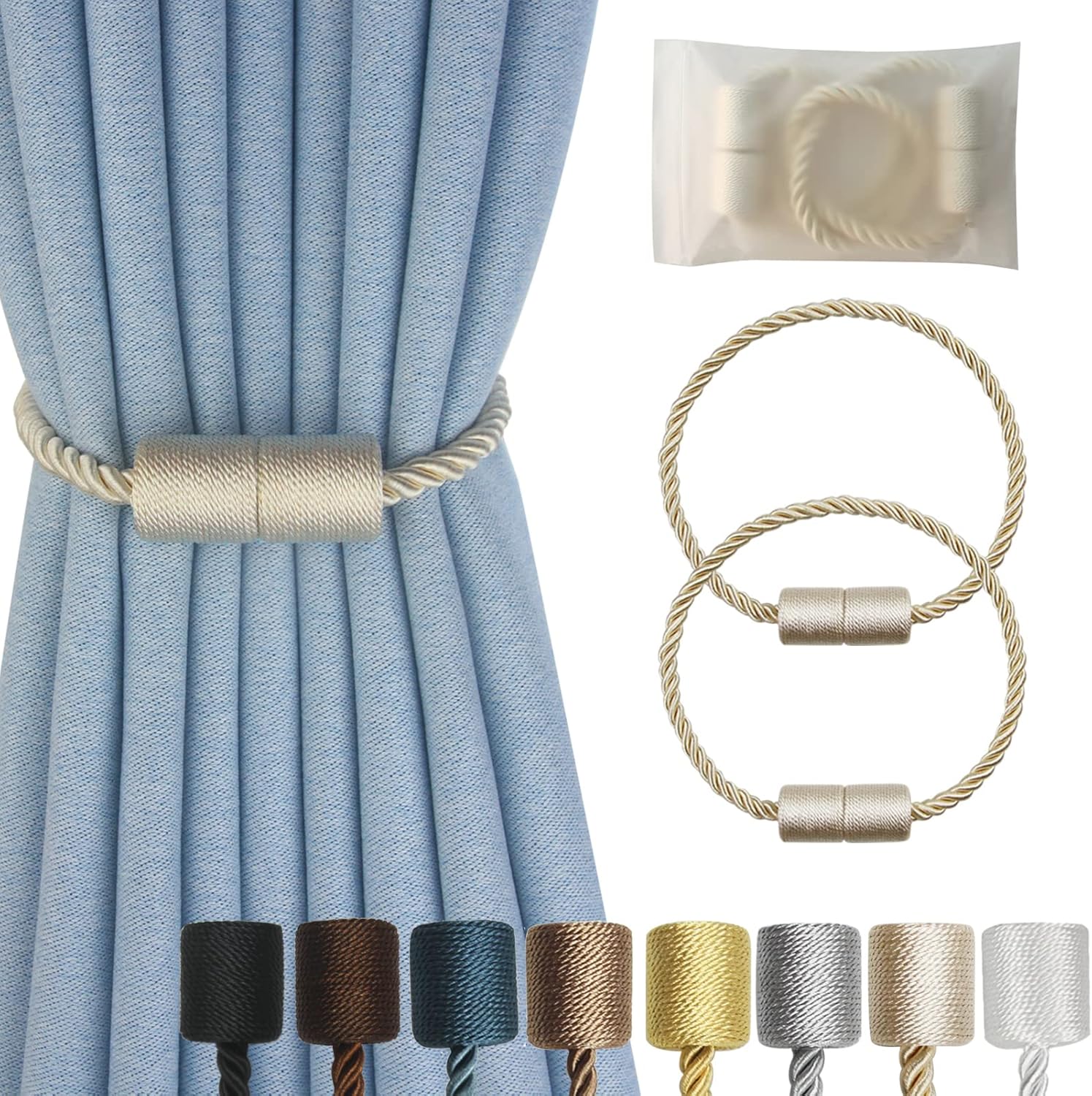 Magnetic Curtain Tiebacks 2 Pack Beige Holders