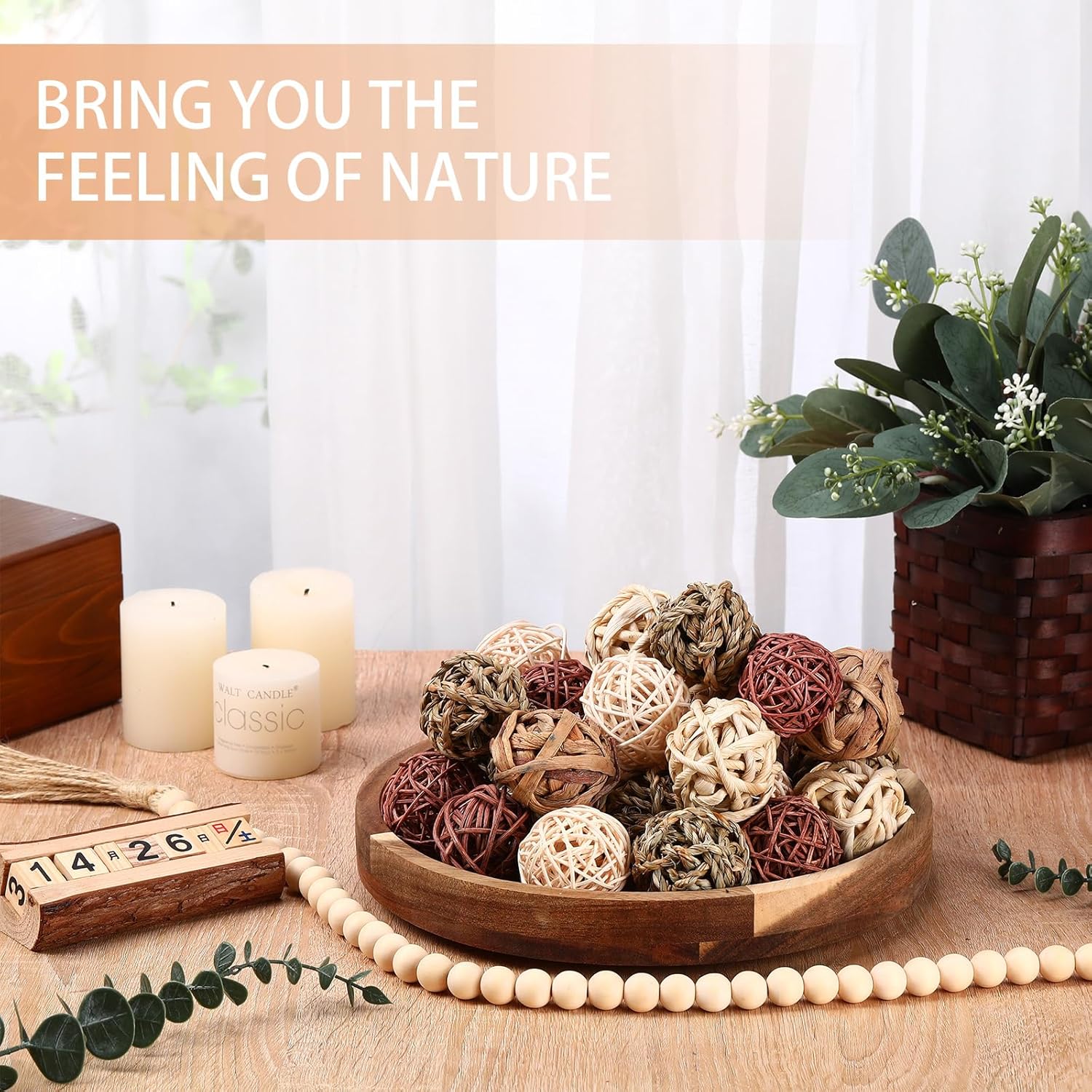 31 Pcs Wicker Rattan Decorative Balls with Wood Bead Garland
