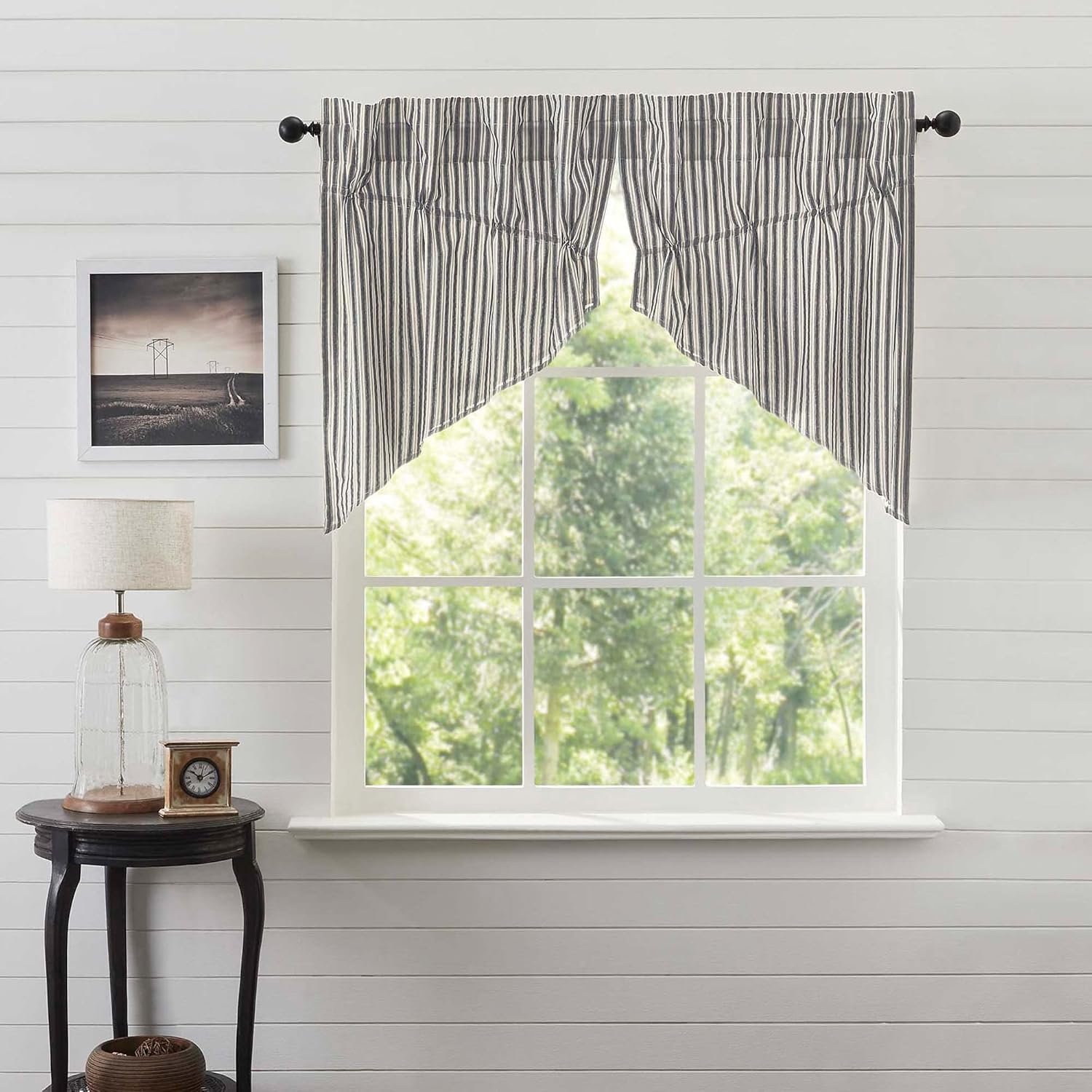 VHC Brands Ashmont Grey Ticking Stripe Farmhouse Prairie Swag Curtain Set