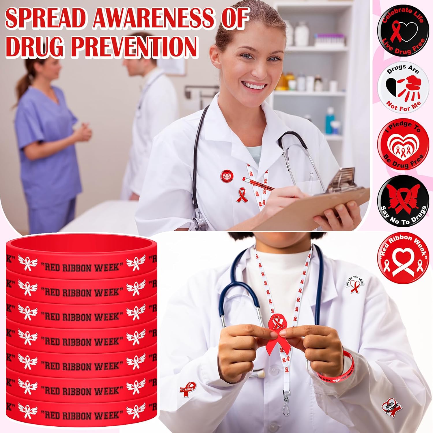 400 Pcs Red Ribbon Week Supplies with Wristbands Key Chains and Stickers