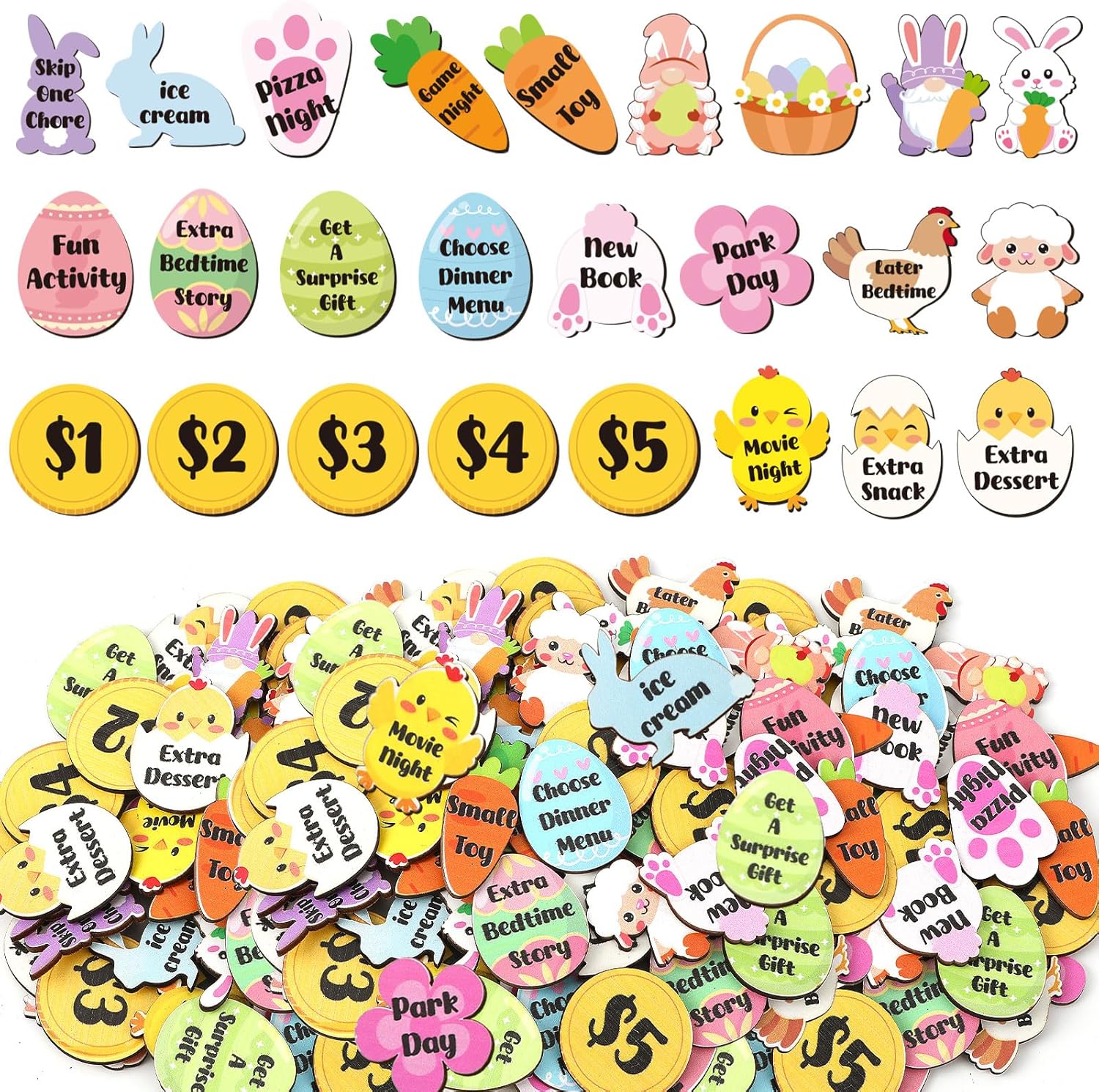 100 Pcs Wooden Easter Tokens for Egg Hunt Prizes