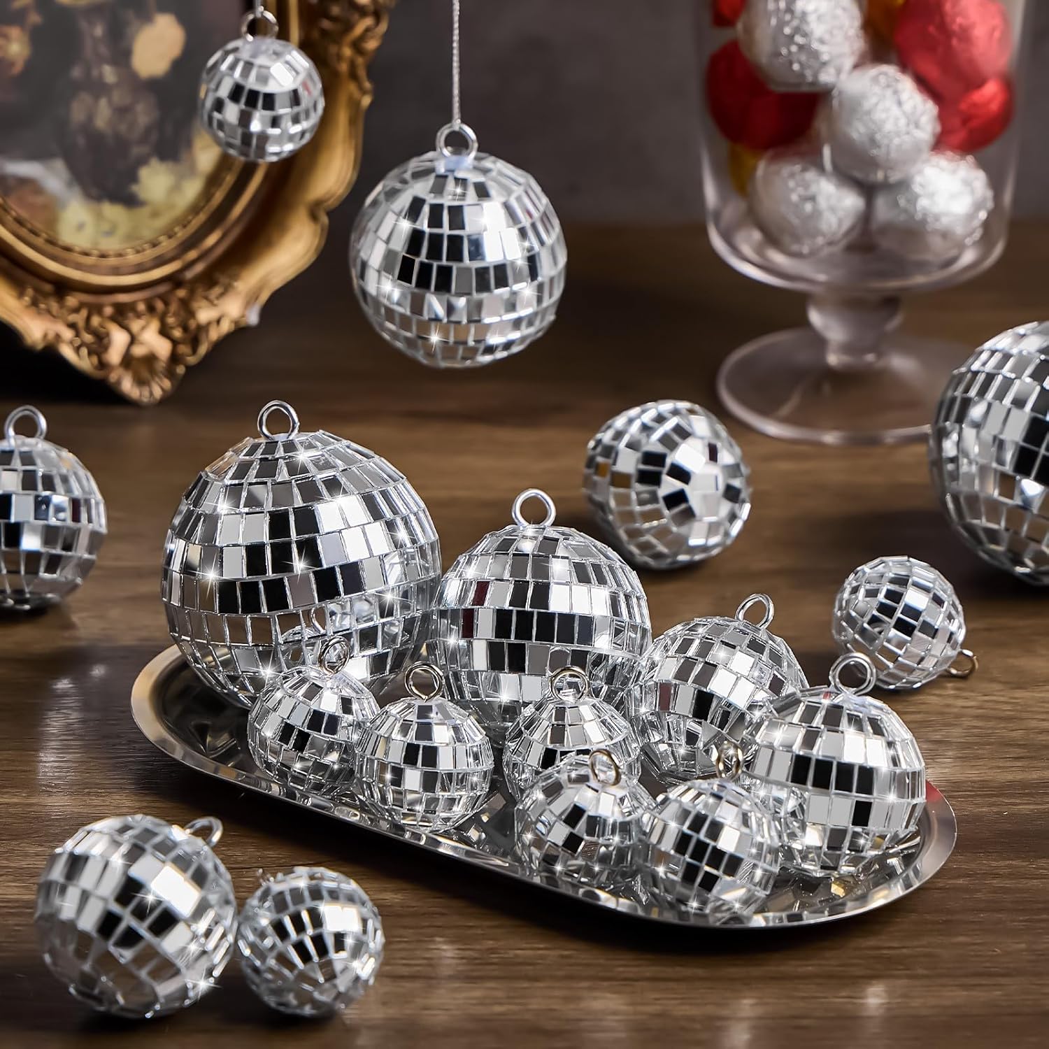 JOERSH 20 Pcs Silver Hanging Mirror Disco Balls with Rope