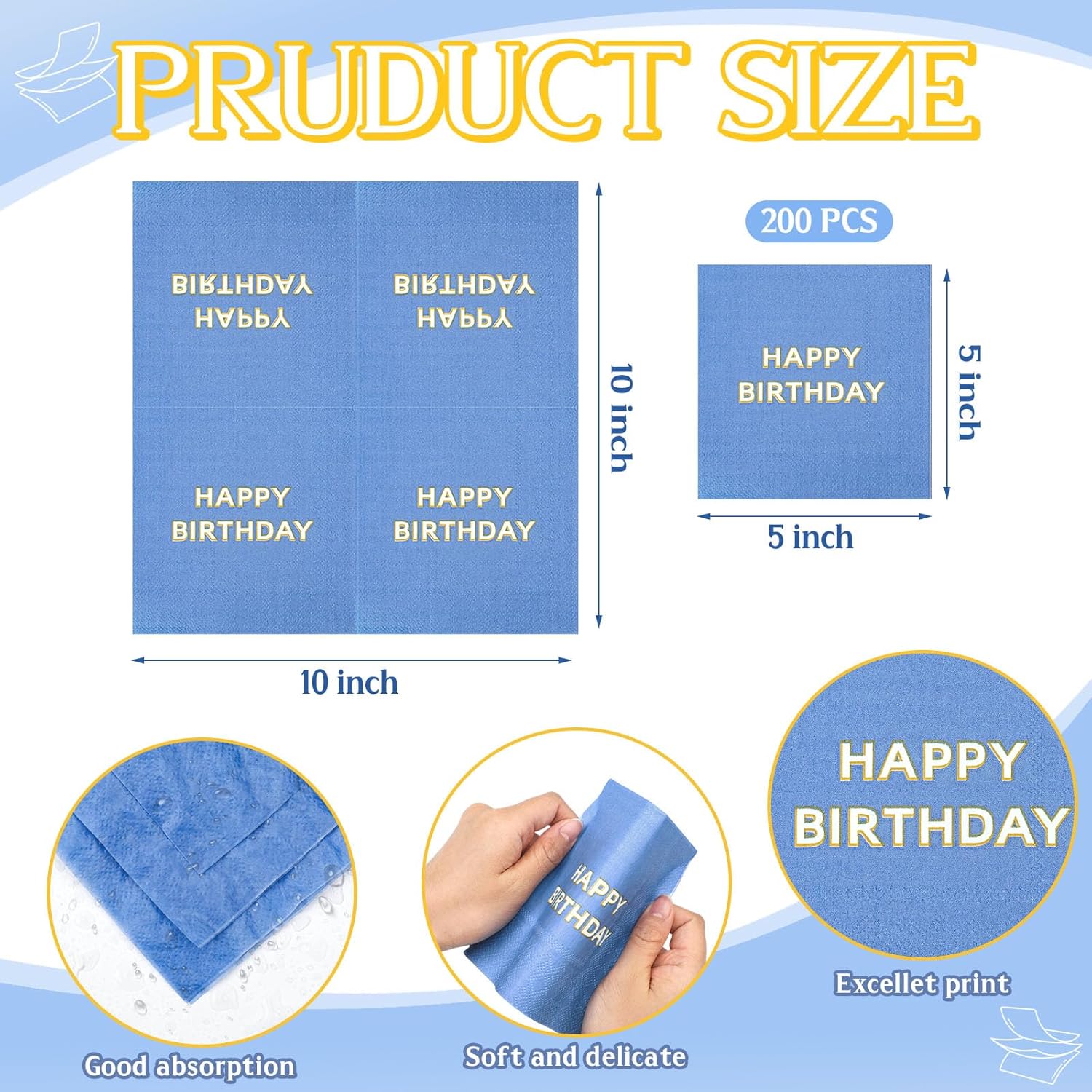 Maitys 200 Pcs Blue Birthday Napkins 5 Folded Party Supplies