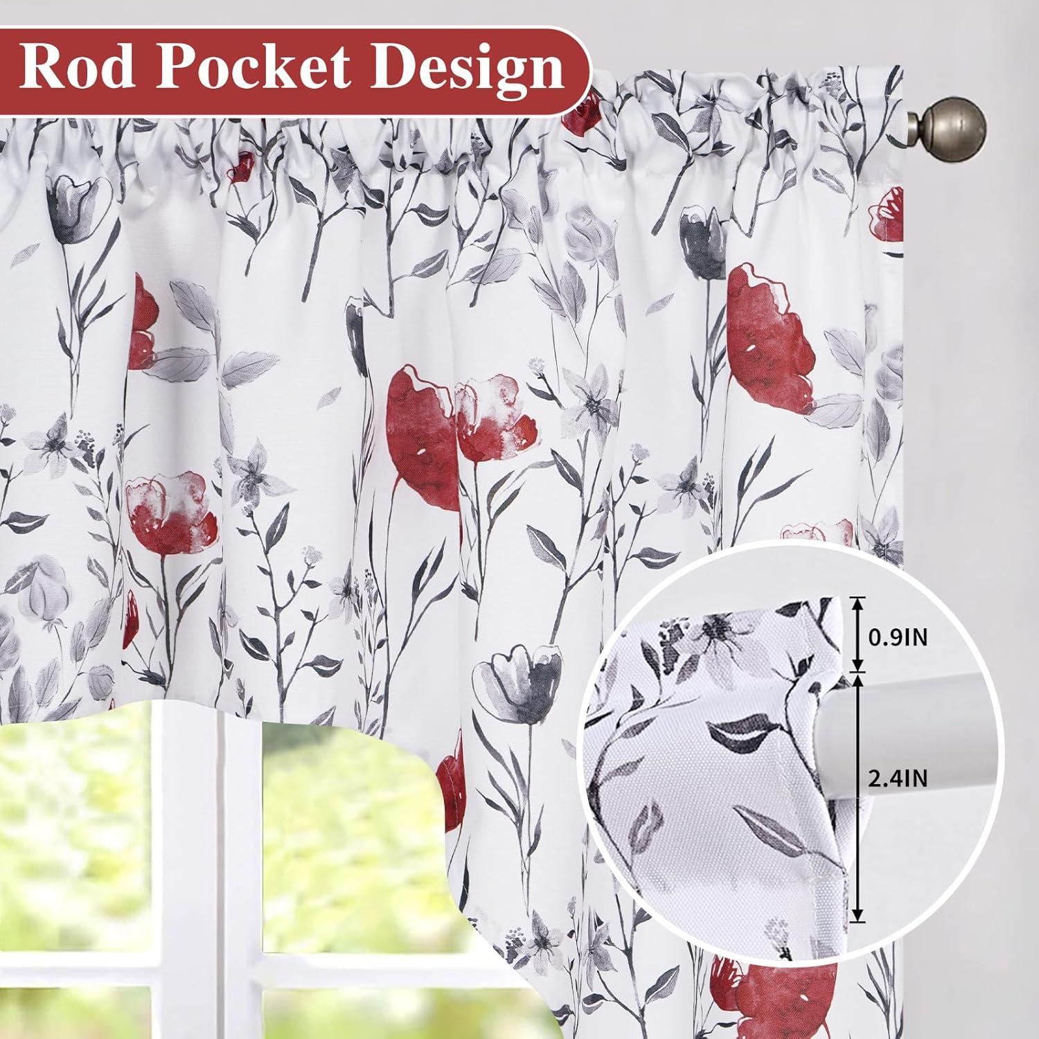 Likiyol Floral Swag Curtains Red Gray for Kitchen Bedroom Drapes
