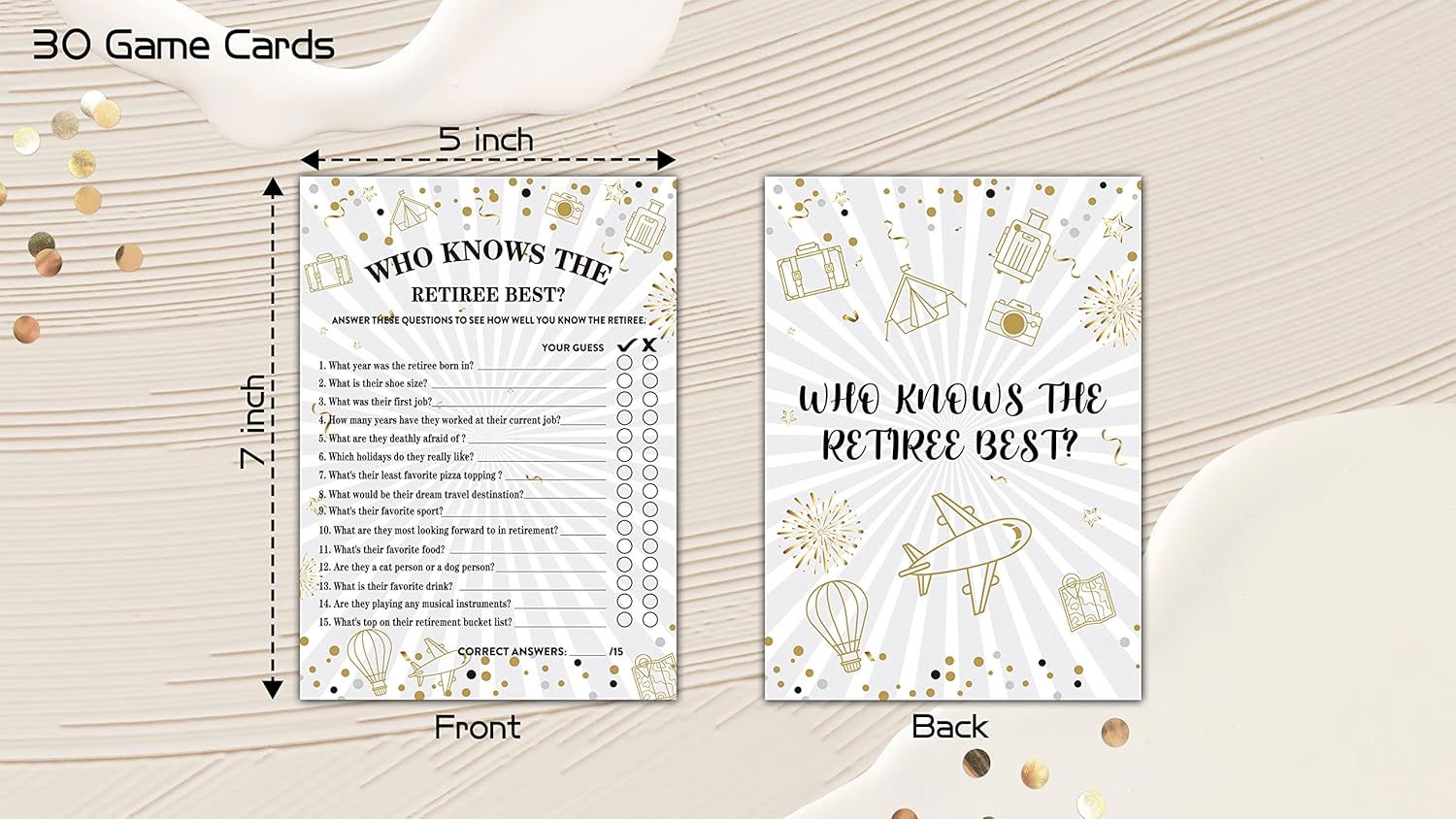 Retirement Party Game Cards with Gold Foil Design - 30 Cards