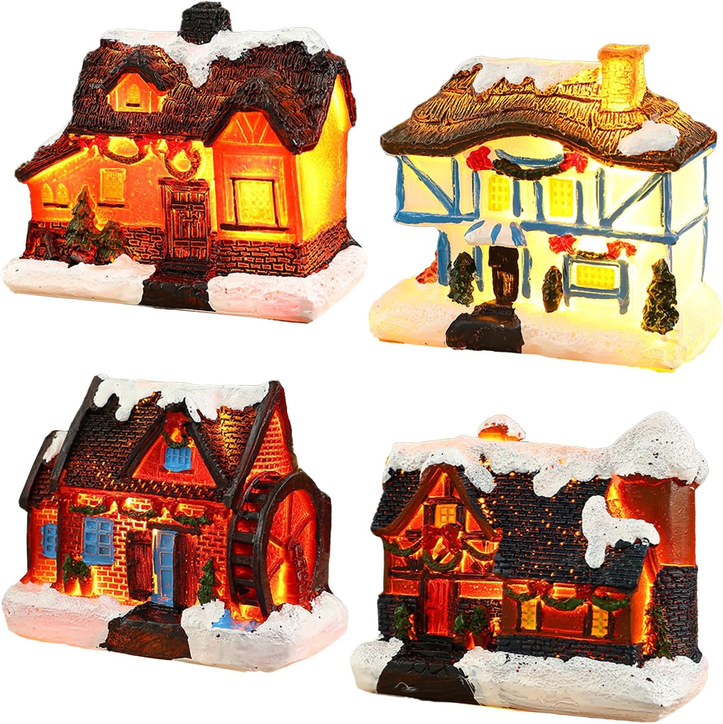 Keebgyy 4 Pack Light-Up Christmas Village Houses