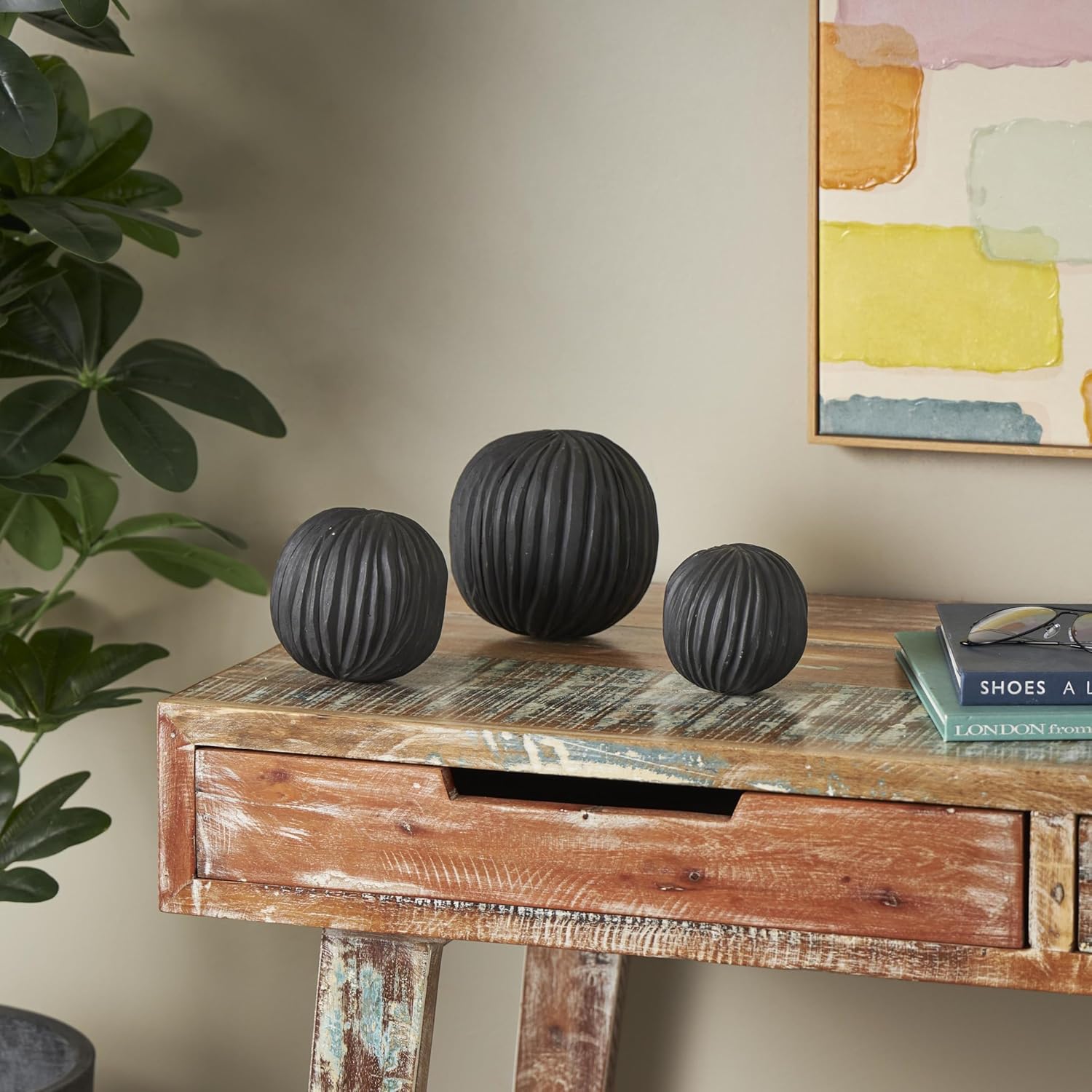 Deco 79 Black Teak Wood Decorative Orbs Set of 3