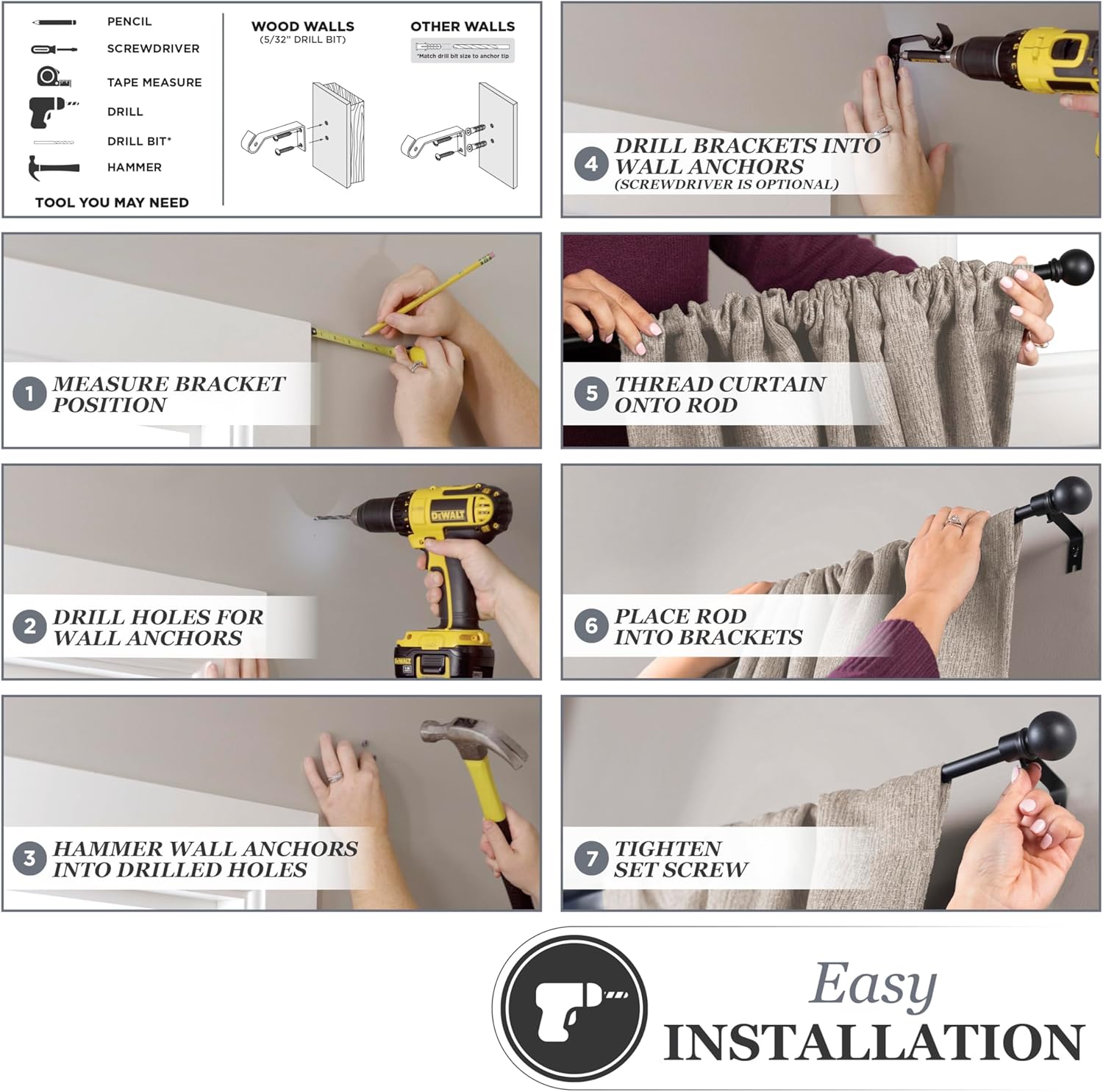 Kenney Chelsea Ball End Window Curtain Rod Black 48-86 Inch Adjustable
