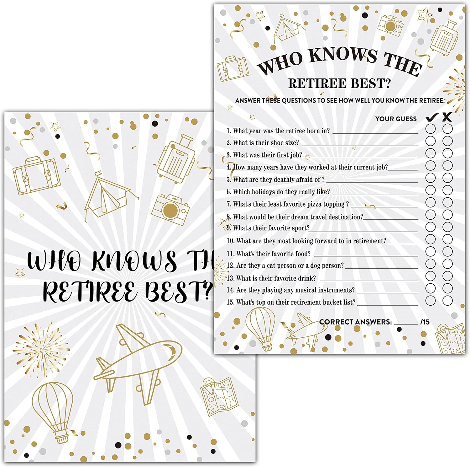 Retirement Party Game Cards with Gold Foil Design - 30 Cards
