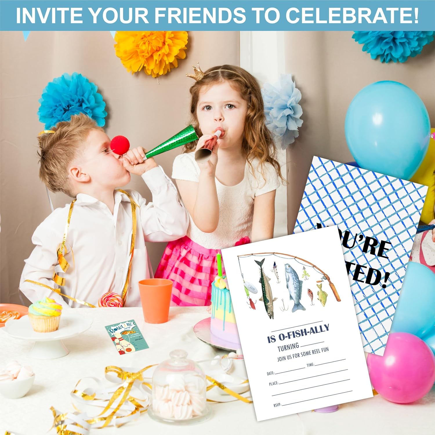 20 Fishing Birthday Invitations with Adhesive Envelopes