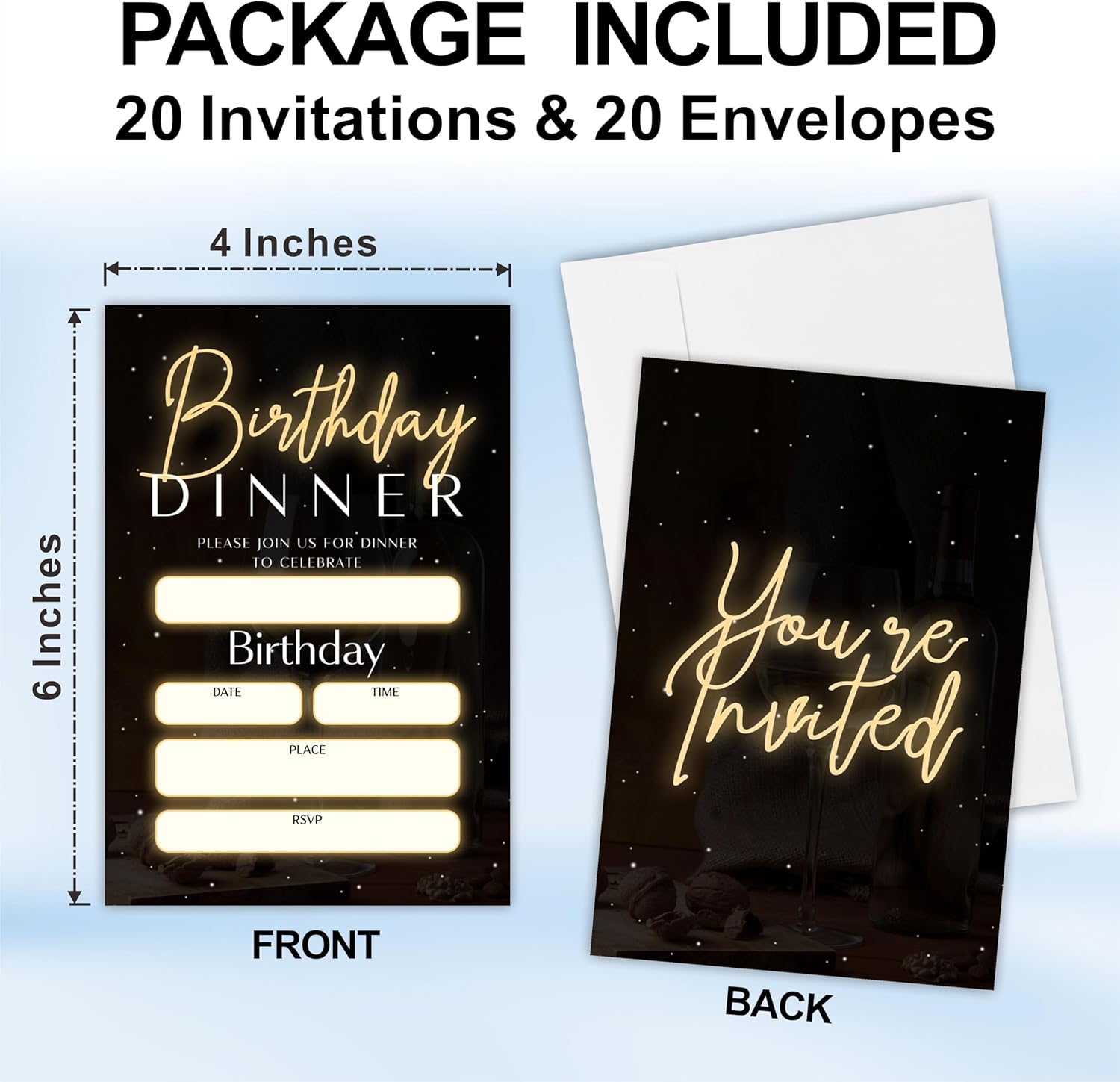 20 Birthday Invitations With Envelopes Glow Black Gold