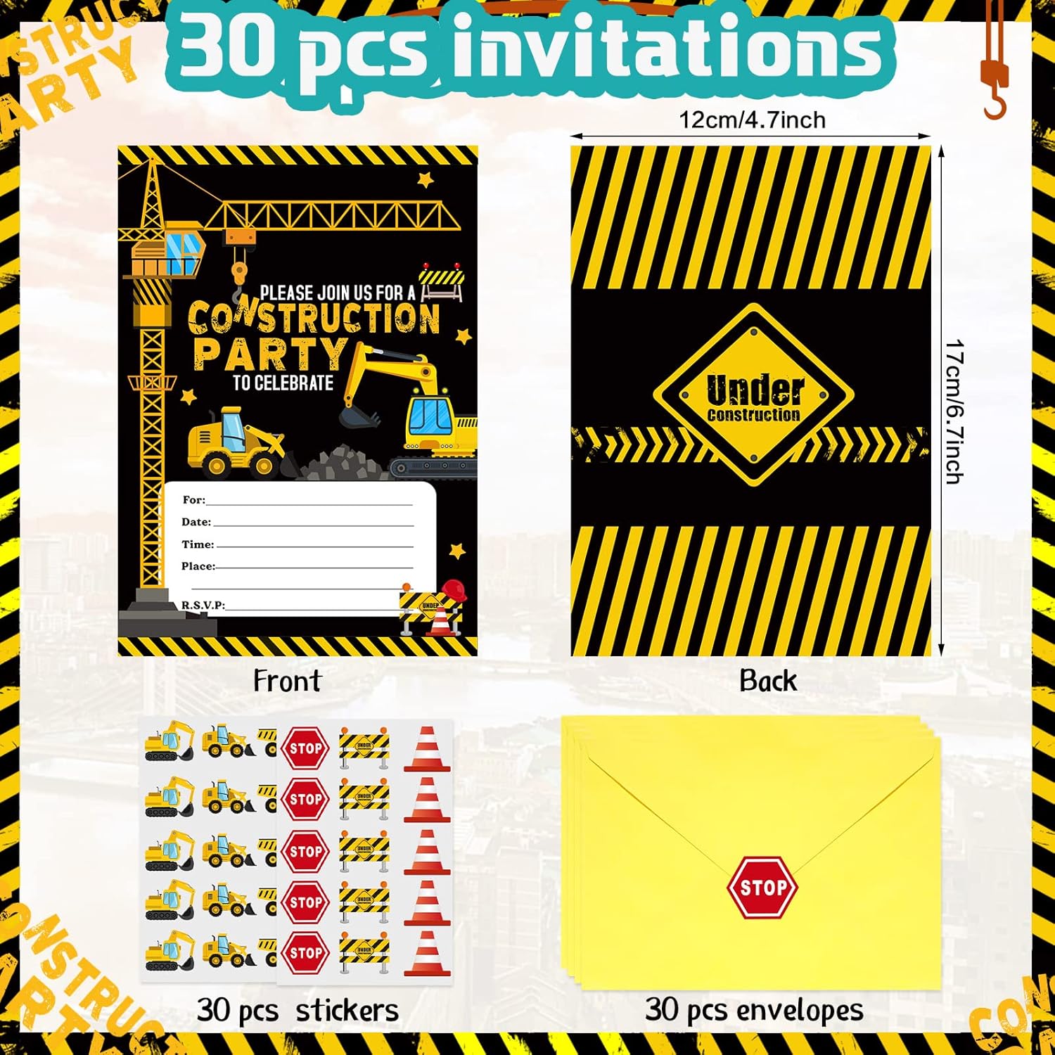 Pajean 30 Pack Construction Party Invitations with Yellow Envelopes and Stickers