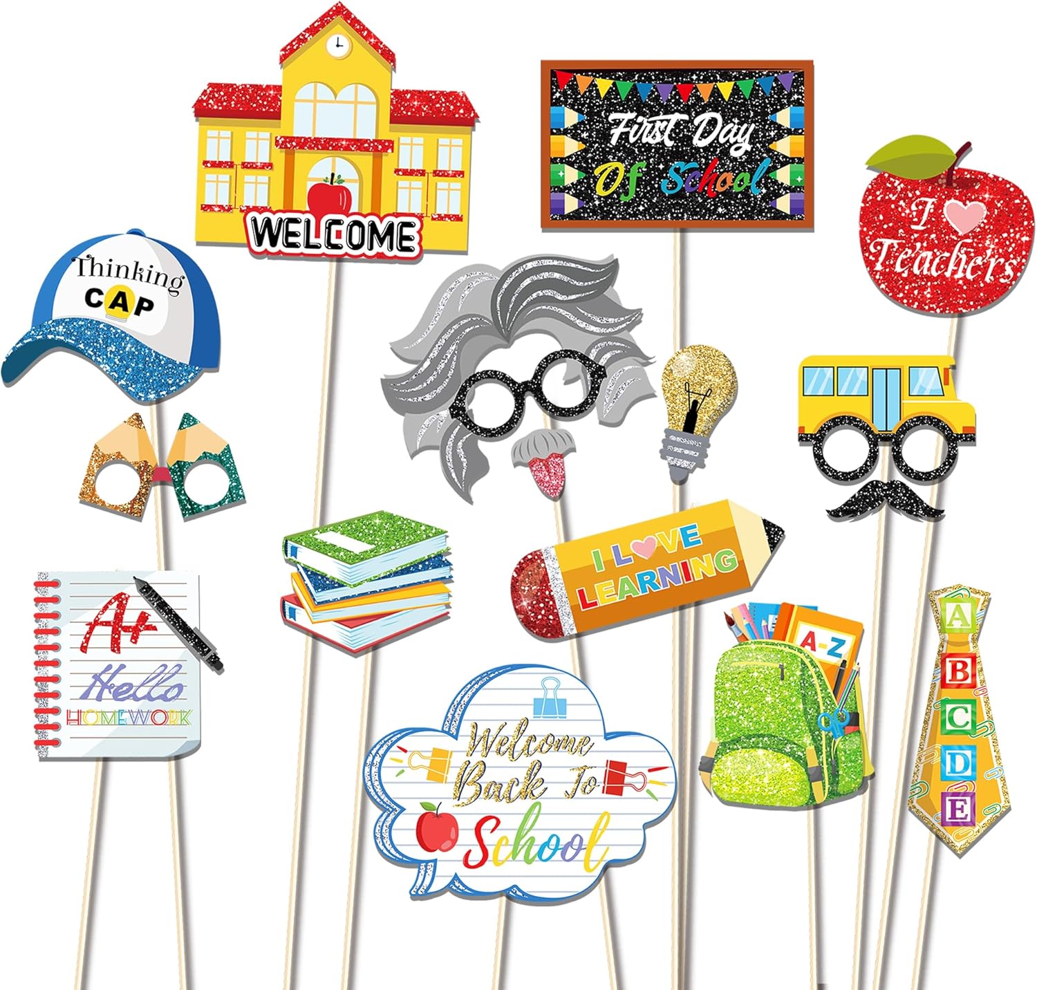 45Pcs Back to School Photo Booth Props Kit with Sticks