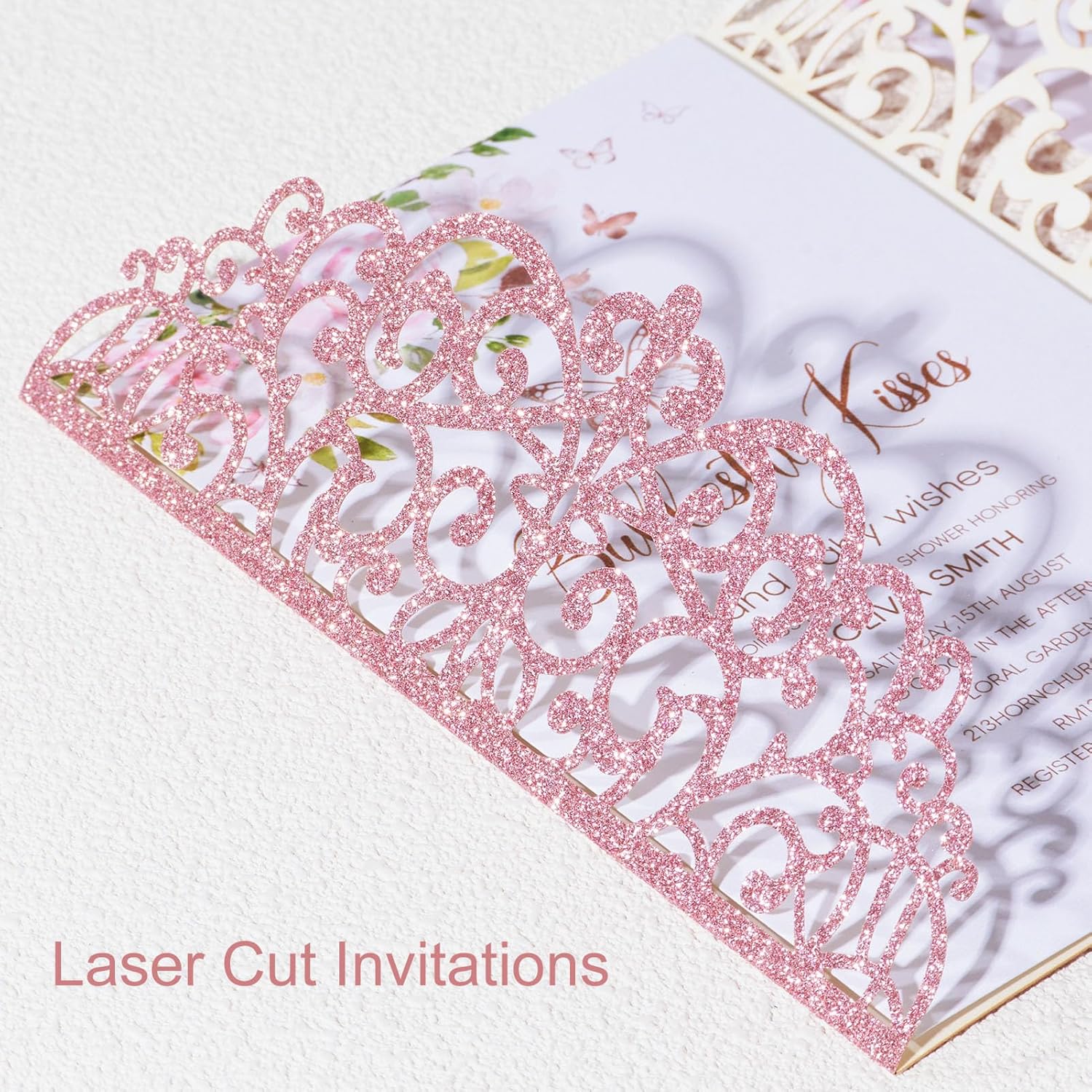 25pcs Pink Glitter Laser Cut Wedding Invitation Kit with Envelopes and RSVP Cards