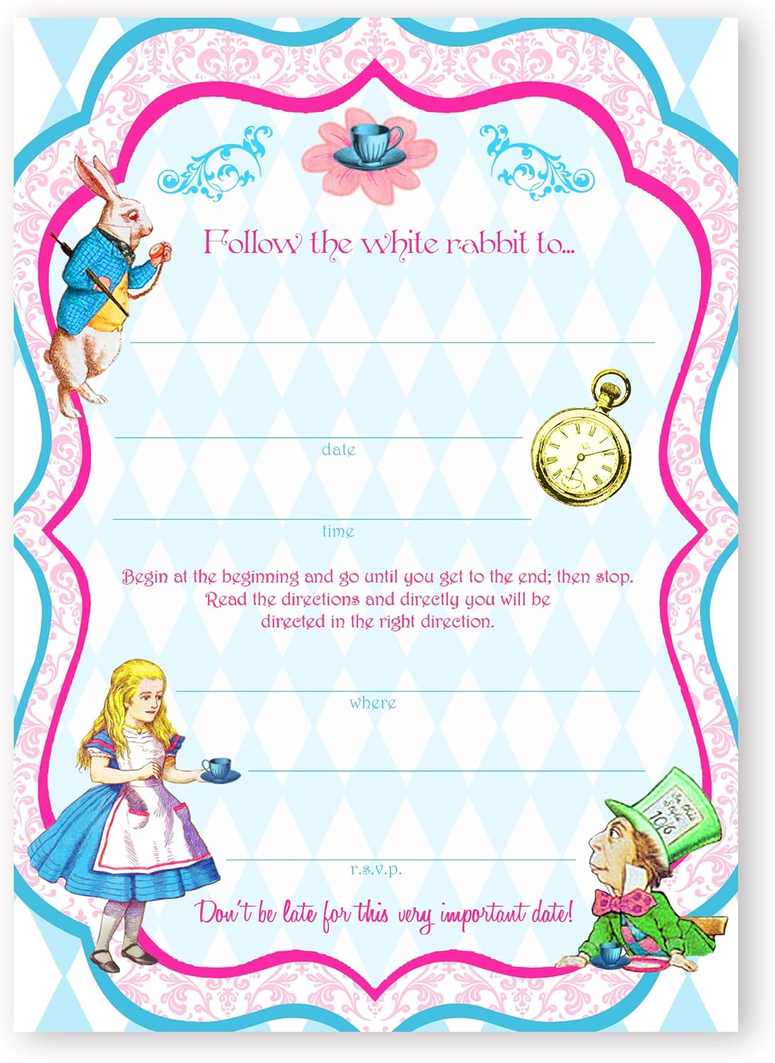 Alice In Wonderland Large Party Invitations 10 Set