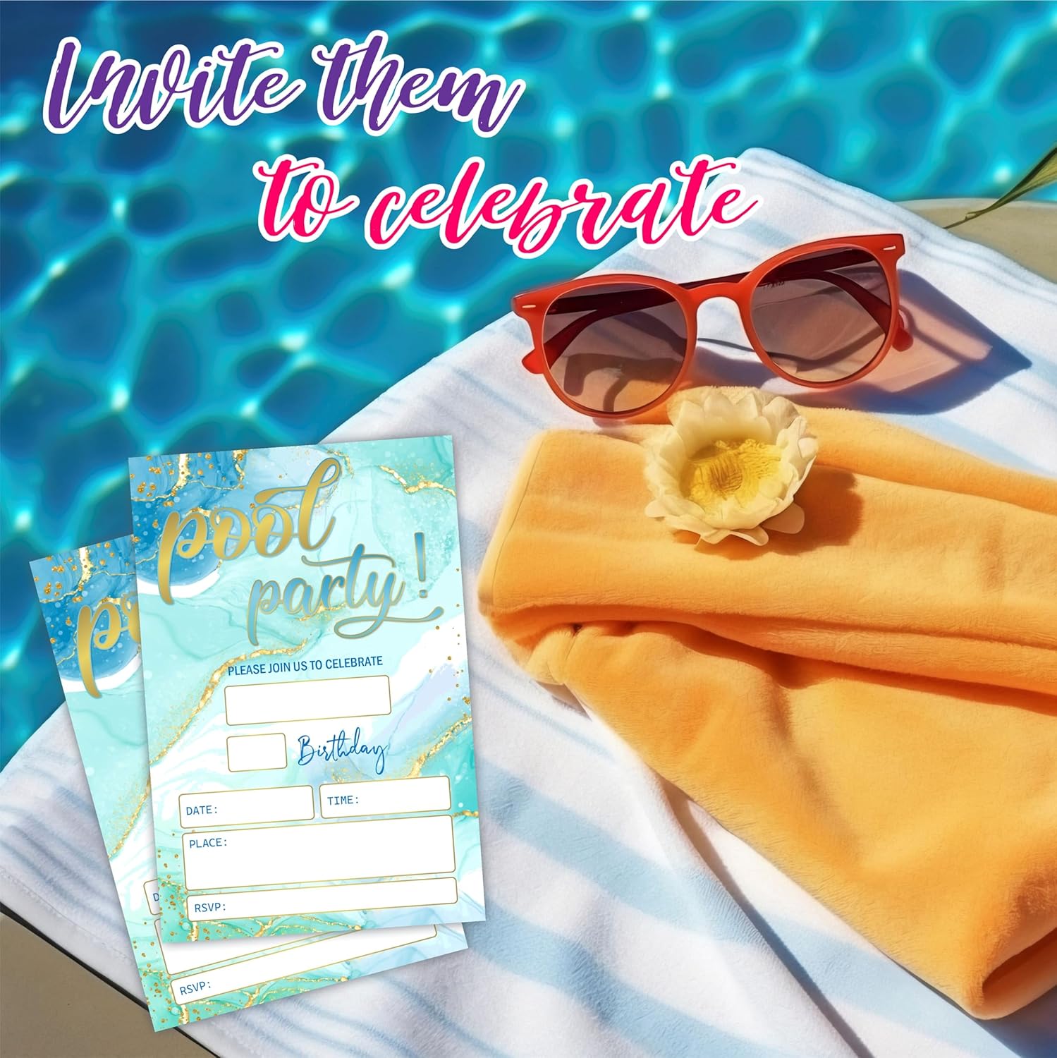 Pool Party Birthday Invitations 4x6 Gold Blue Double Sided