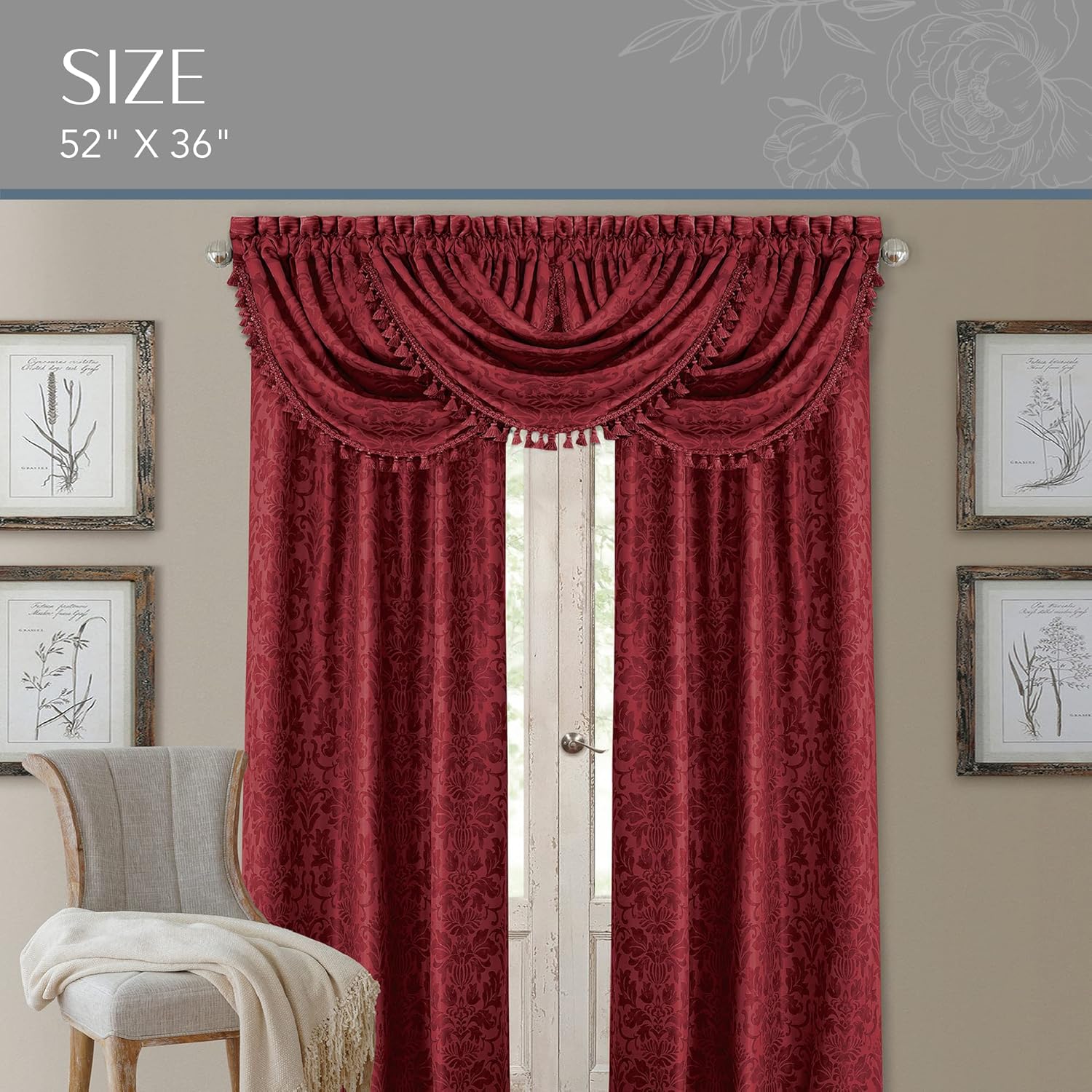Elrene Antonia Floral Damask Window Valance with Tassels 52x36 Rouge