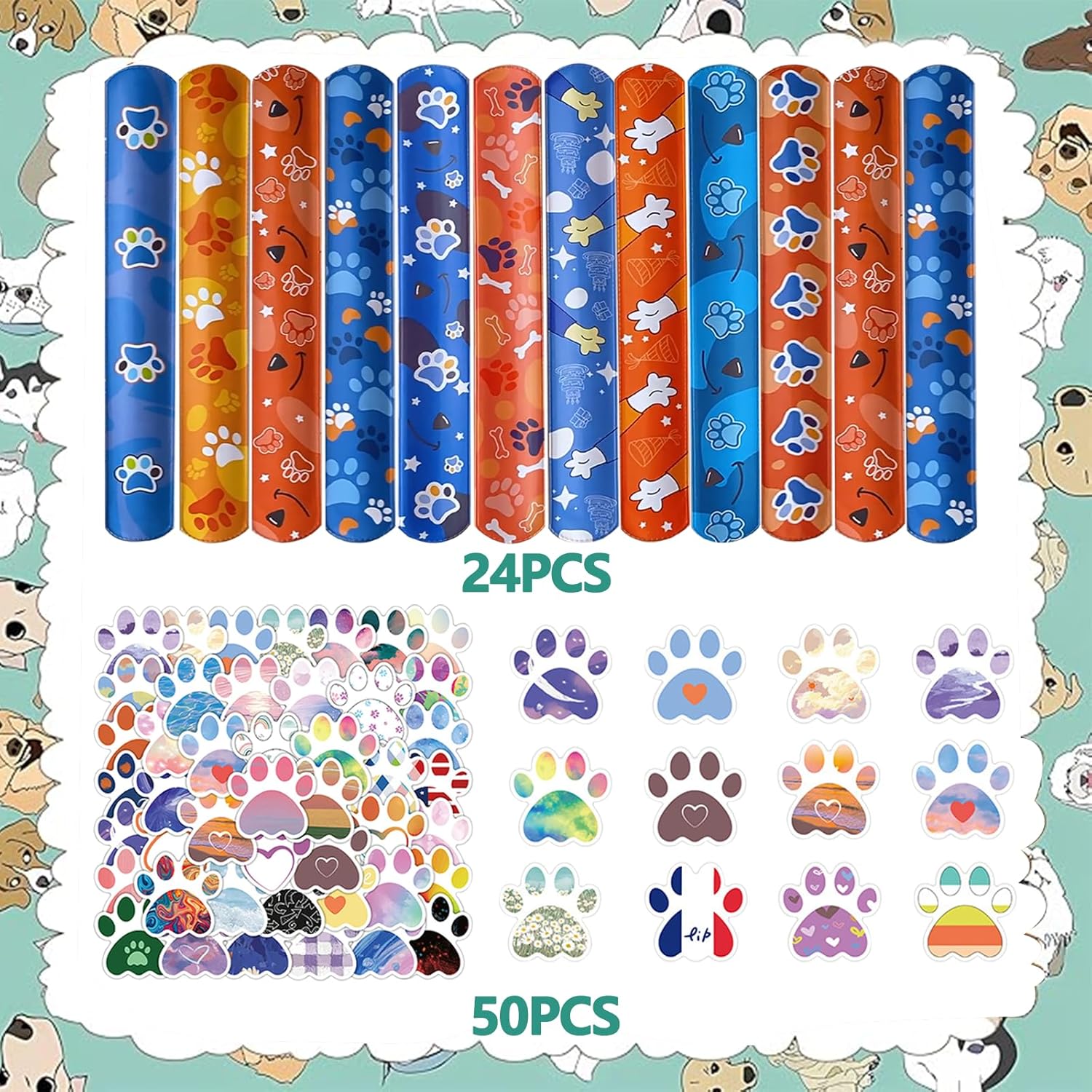 74PCS Dog Paw Party Favor Set with Slap Bracelets and Stickers