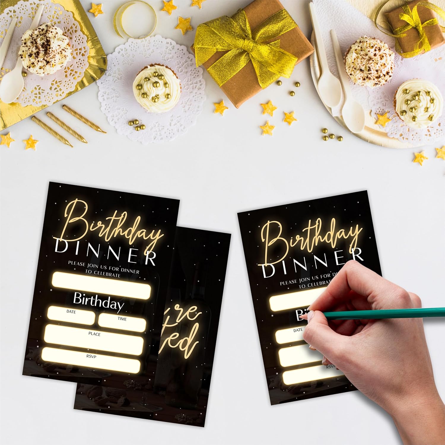 20 Birthday Invitations With Envelopes Glow Black Gold