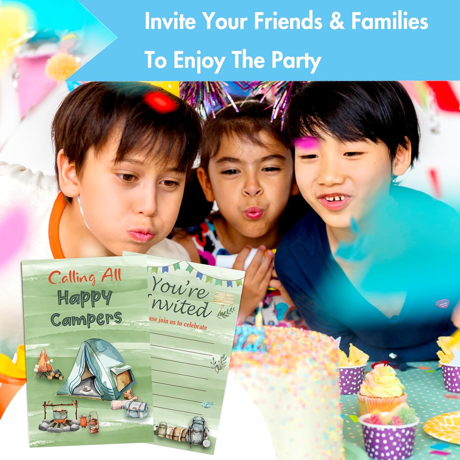 Camping Birthday Invites with Envelopes 30PCS Double Sided