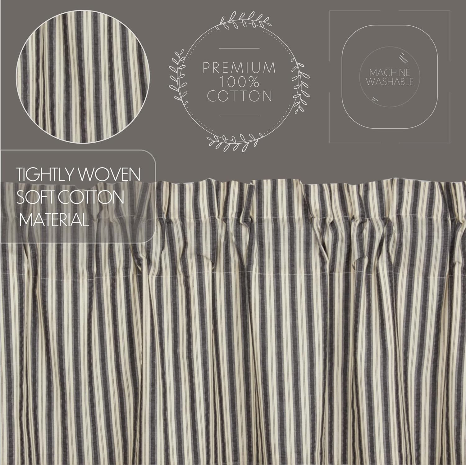 VHC Brands Ashmont Grey Ticking Stripe Farmhouse Prairie Swag Curtain Set