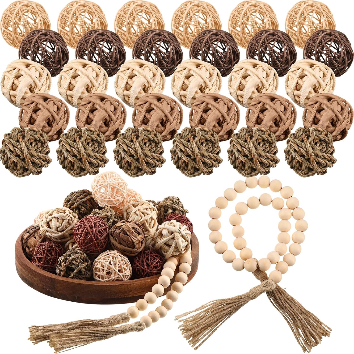 31 Pcs Wicker Rattan Decorative Balls with Wood Bead Garland