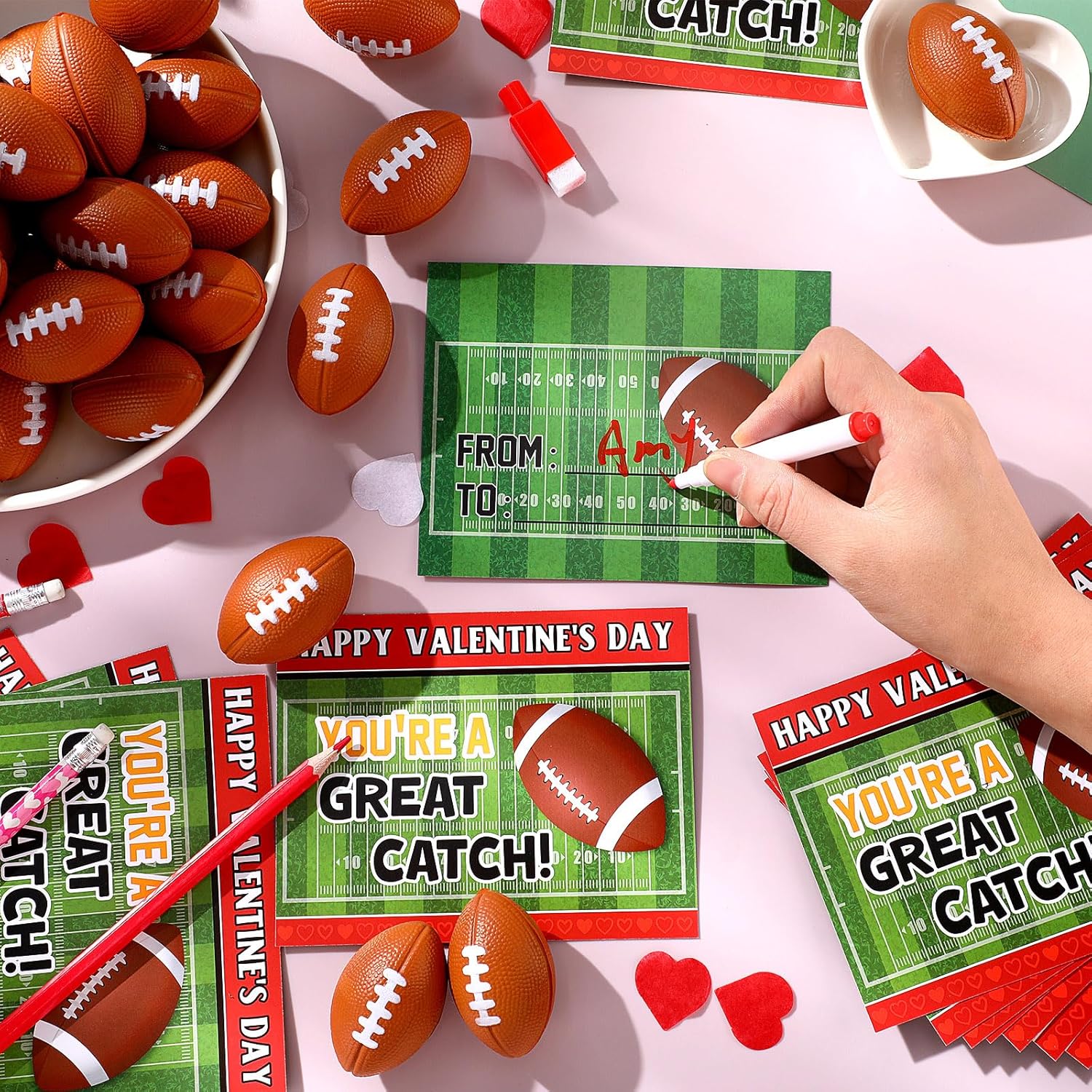36 Pcs Kids Valentines Day Gift Cards with Foam Football Stress Balls