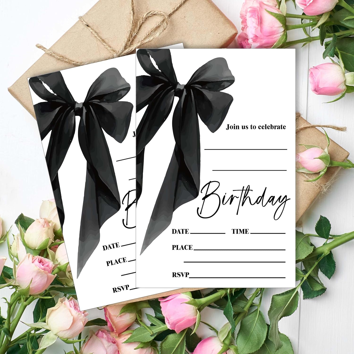 Black Bow Birthday Invite Cards 20pcs with Envelopes 4x6