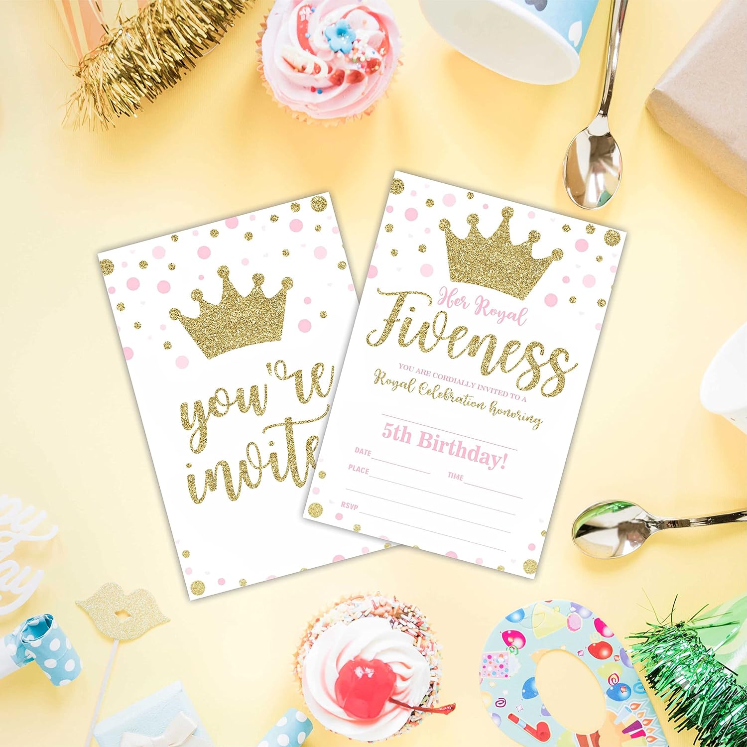 Royal Fifth Birthday Invitations Gold Crown Fill-In Cards 20 Pieces