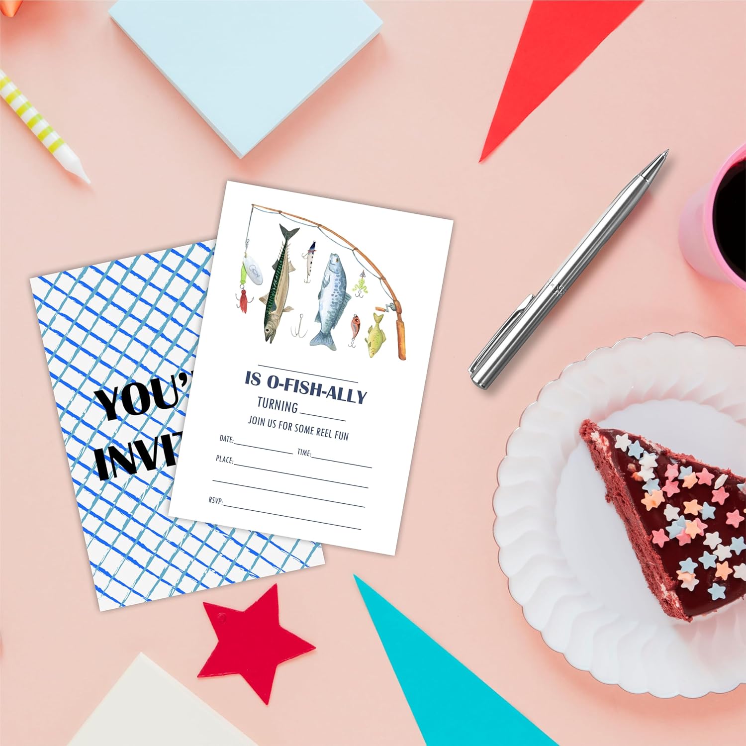 20 Fishing Birthday Invitations with Adhesive Envelopes