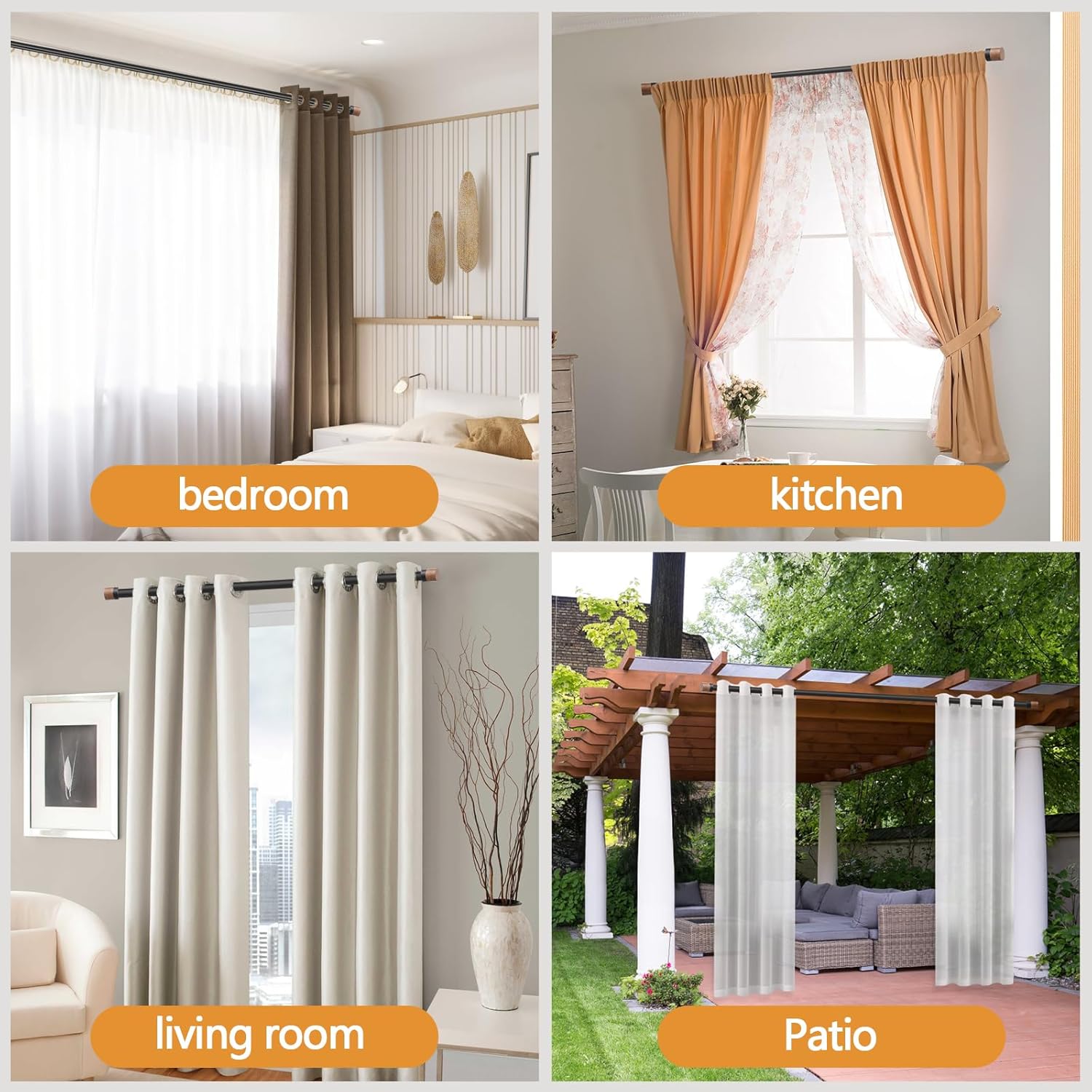 QITERI 1 Inch Adjustable Wood Curtain Rods 32-84 Inches
