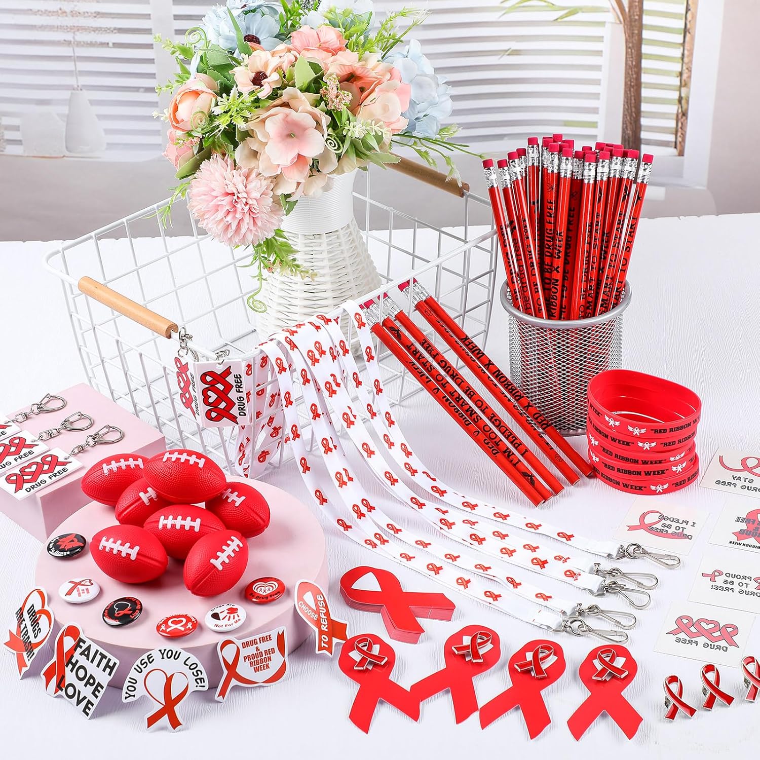 400 Pcs Red Ribbon Week Supplies with Wristbands Key Chains and Stickers
