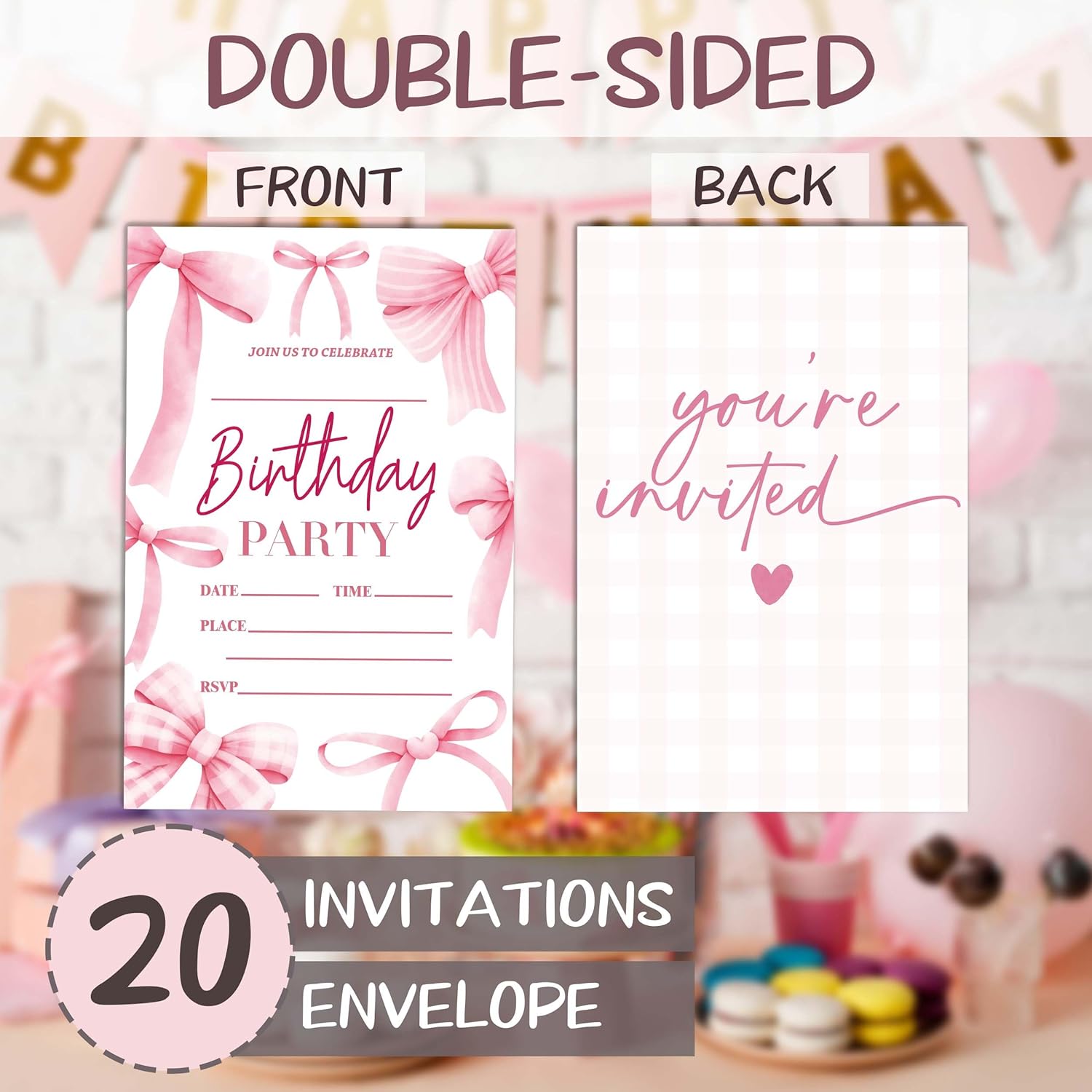 Eronm 20 Pack Pink Bow Birthday Invitations with Envelopes