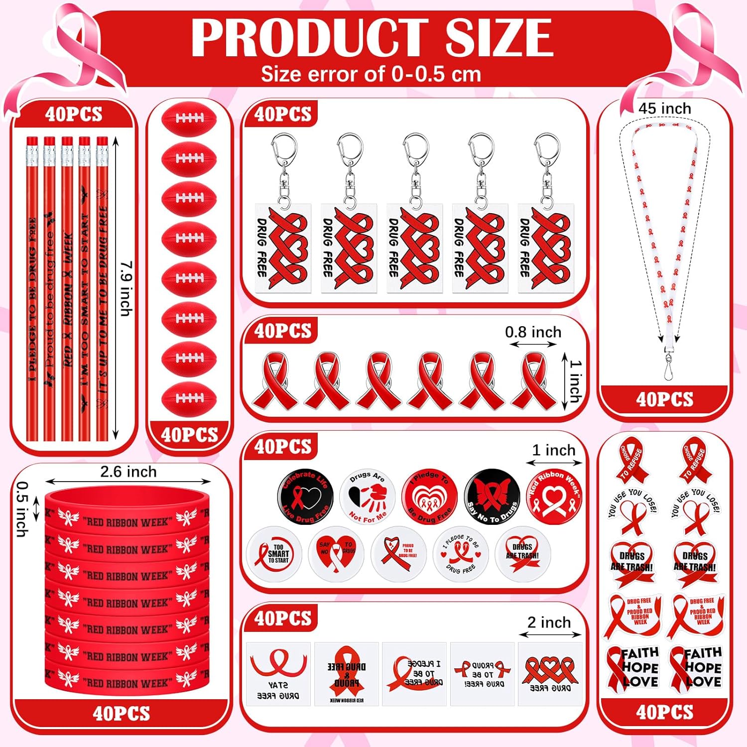 400 Pcs Red Ribbon Week Supplies with Wristbands Key Chains and Stickers