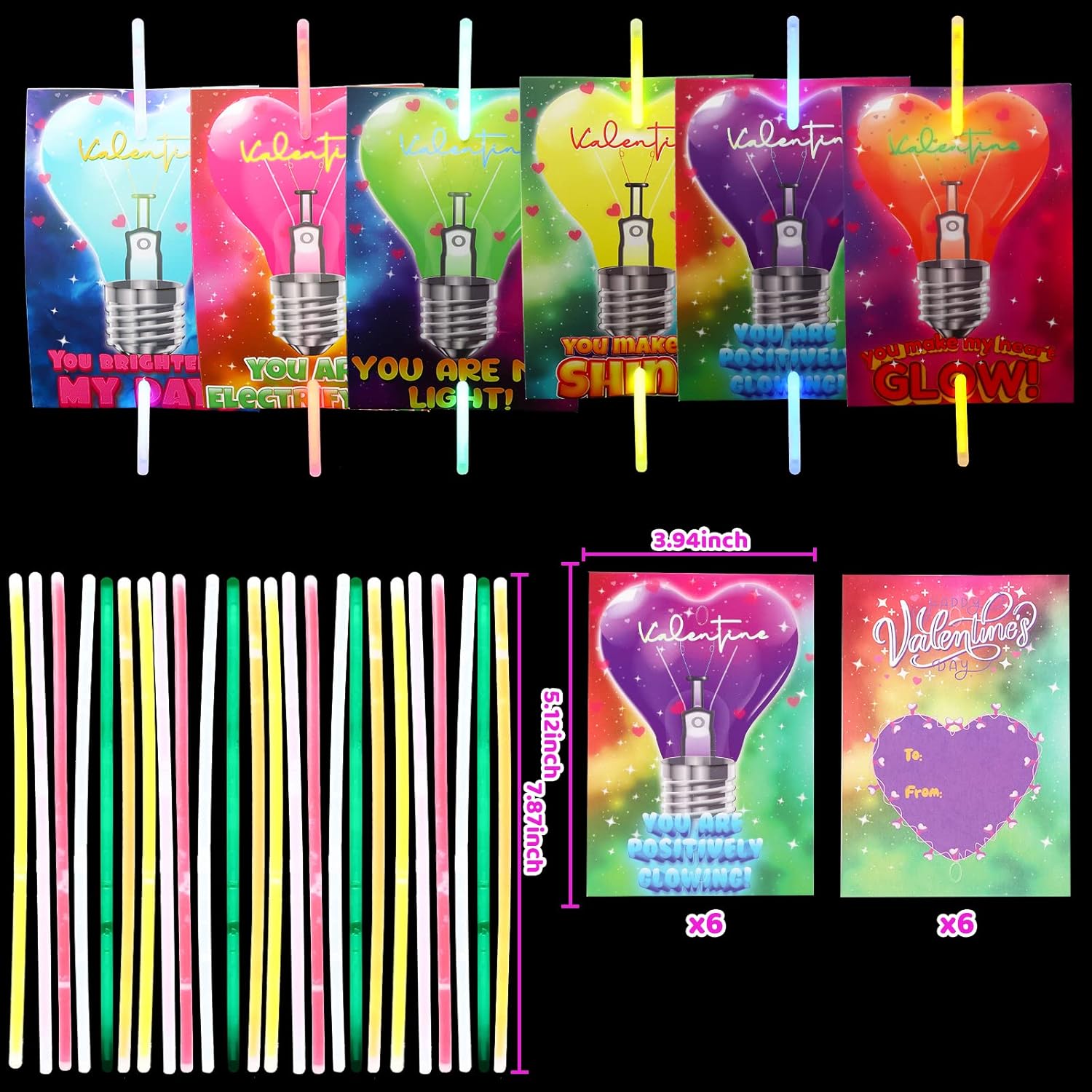 32 Pack Neon Valentines Day Gift Cards with Glow Sticks